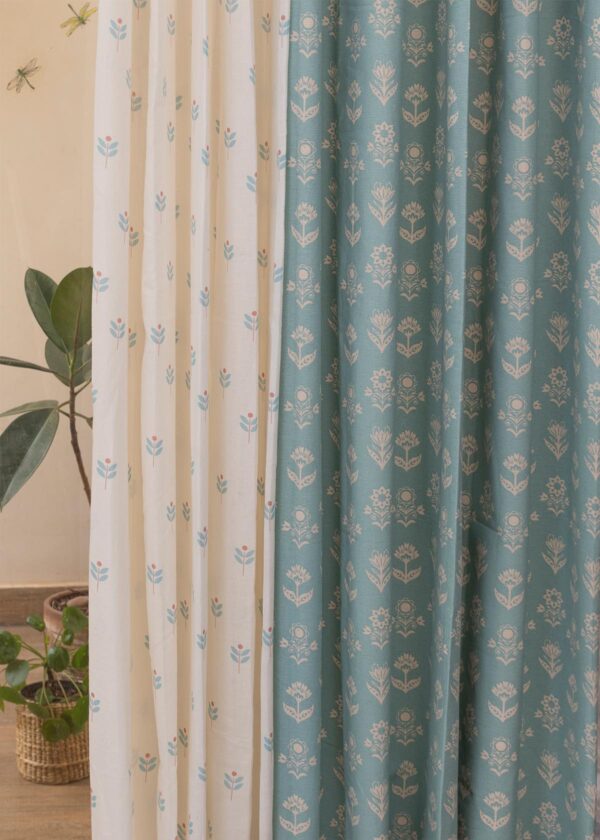 Dahlia Nile Blue, Sapling Nile Blue Sheer Set of 4 Combo Cotton Curtain - Nile Blue