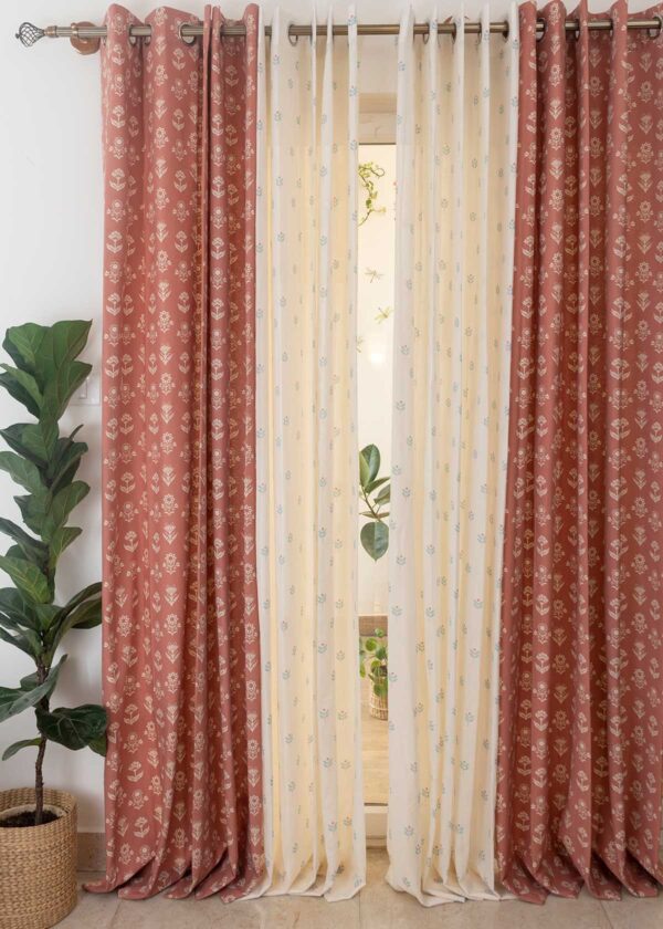 Dahlia Rust, Sapling Nile Blue Sheer Set of 4 Combo Cotton Curtain - Rust And Nile Blue