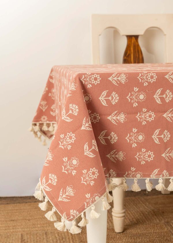 Dahlia Printed 100% cotton floral table cloth for 4 seater or 6 seater dining - Rust