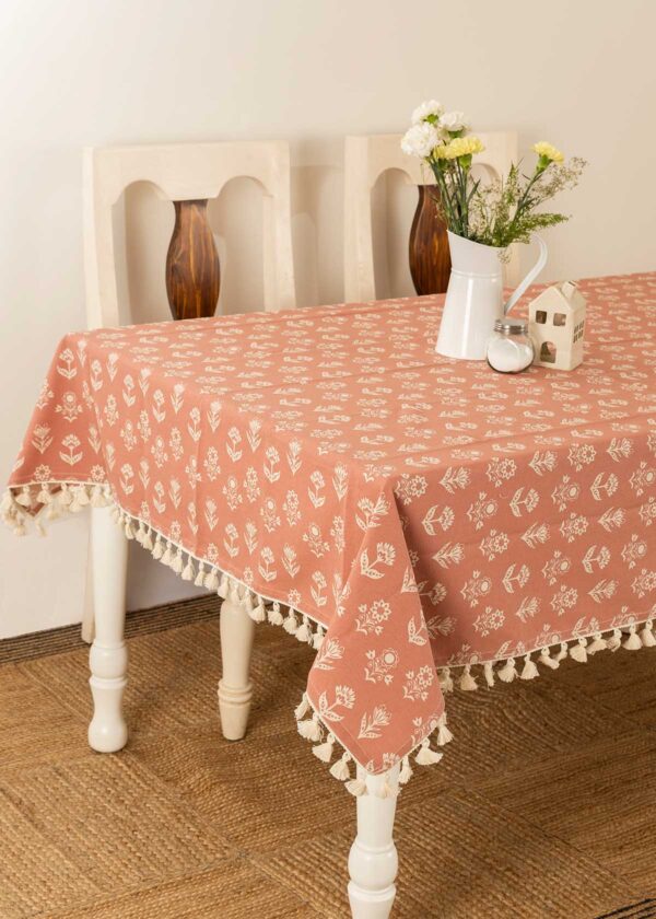 Dahlia Printed 100% cotton floral table cloth for 4 seater or 6 seater dining - Rust
