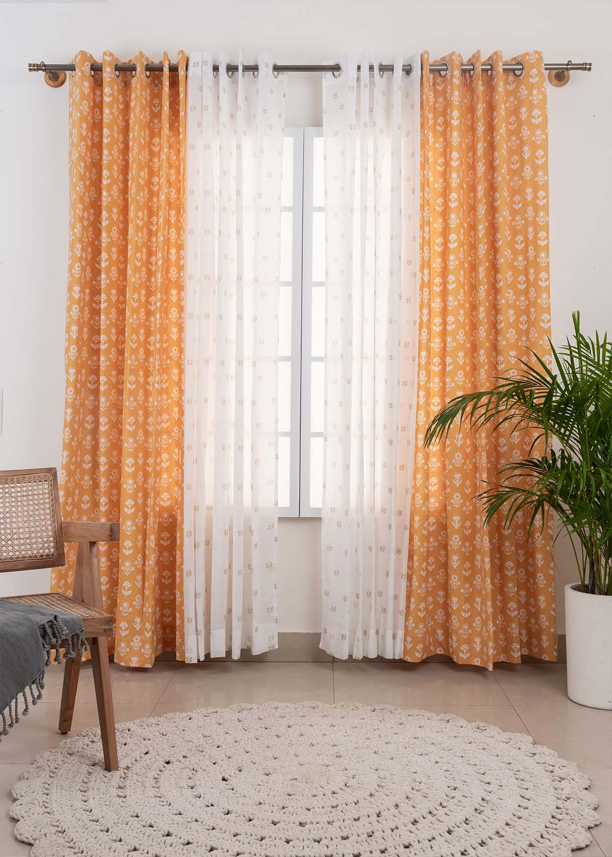 Dahlia Mustard, Sapling Primrose Sheer Set of 4 Combo Cotton Curtain - Mustard