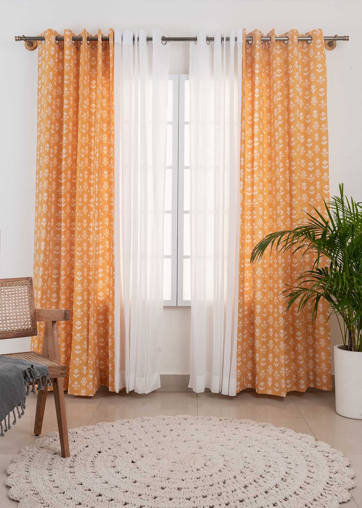 Dahlia Mustard, Solid Warm White Solid Sheer Set of 4 Combo Cotton Curtain - Mustard, White