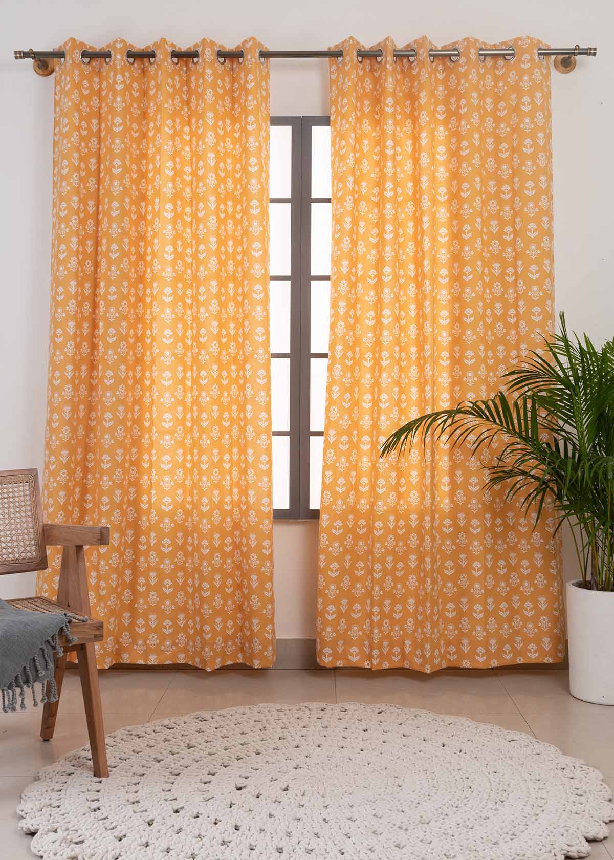 Dahlia Printed Cotton Curtain - Mustard