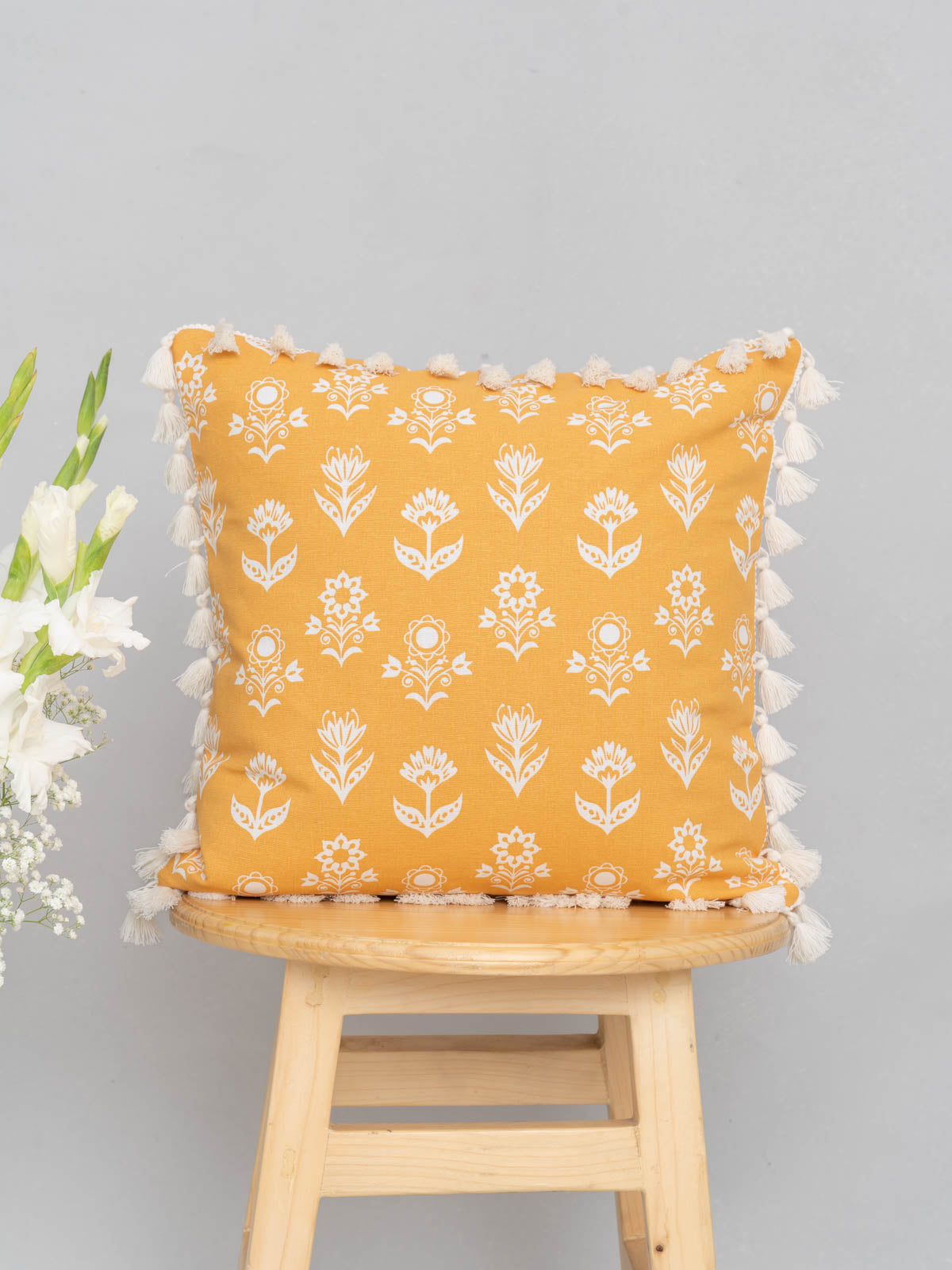 Dahlia 100% cotton customizable floral cushion cover for sofa - Mustard