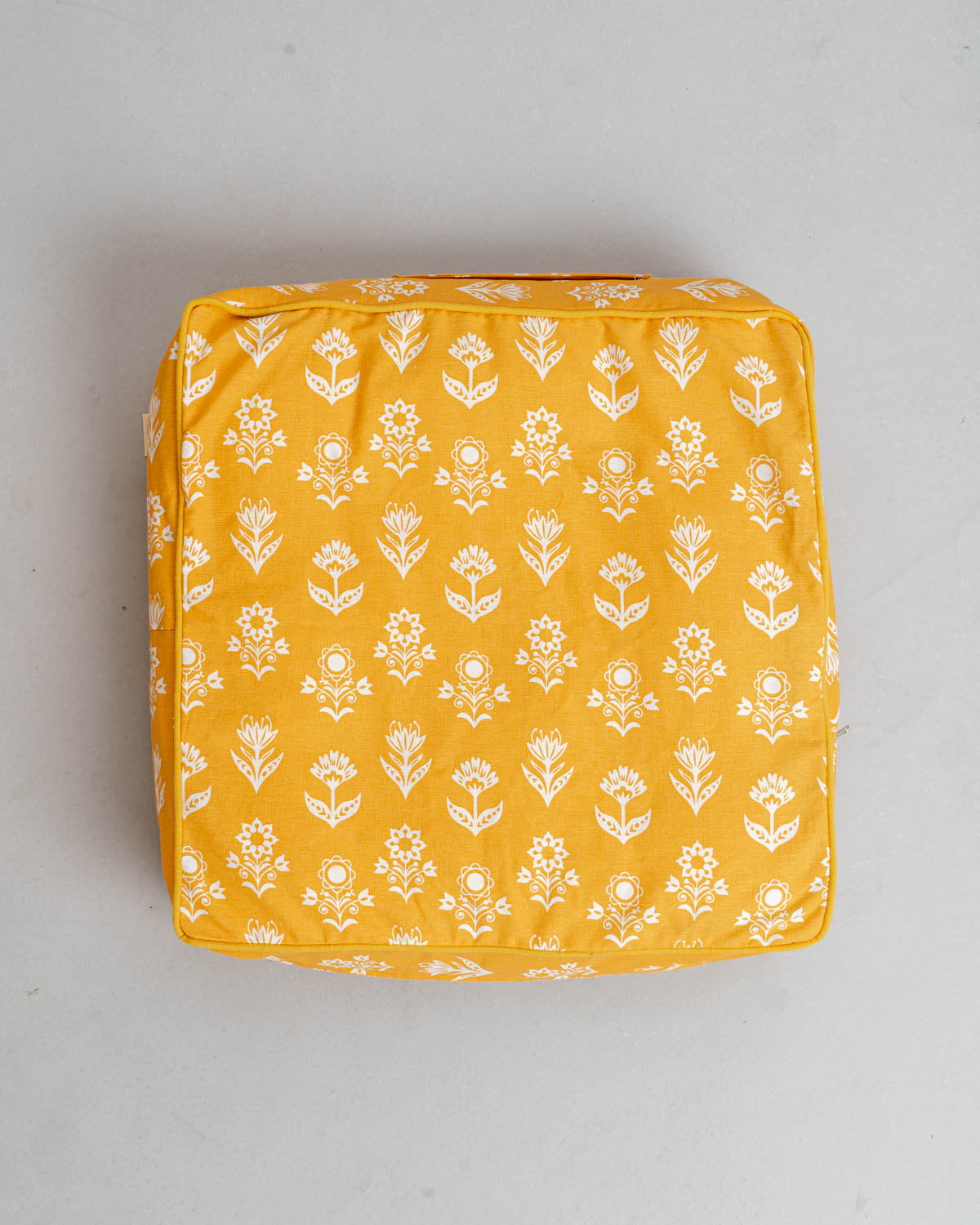 Dahlia Printed Cotton Square Floor Cushion Cover - Mustard