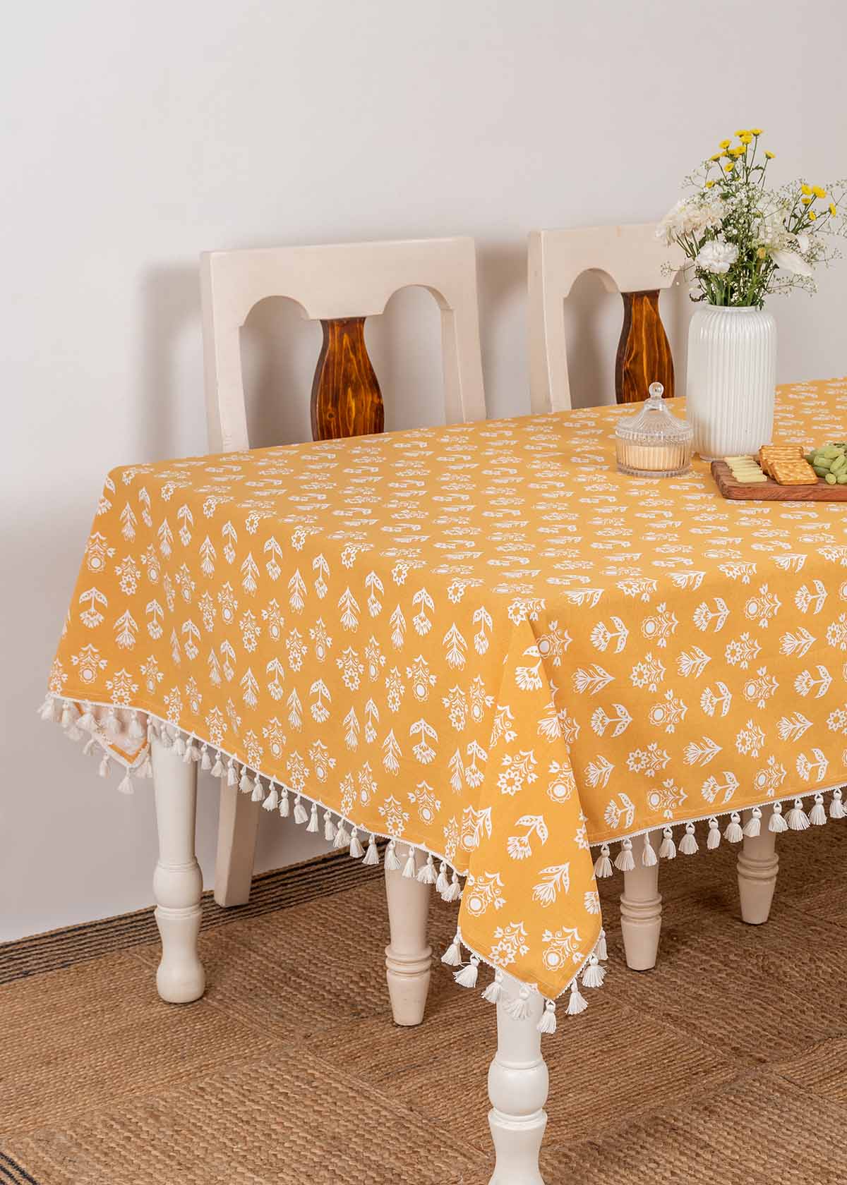 Dahlia Printed Cotton Table Cloth - Mustard