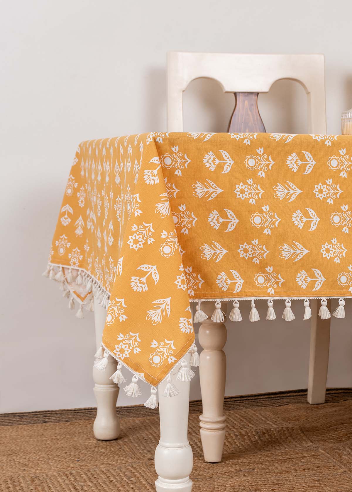 Dahlia Printed 100% cotton floral table cloth for 4 seater or 6 seater dining - Mustard