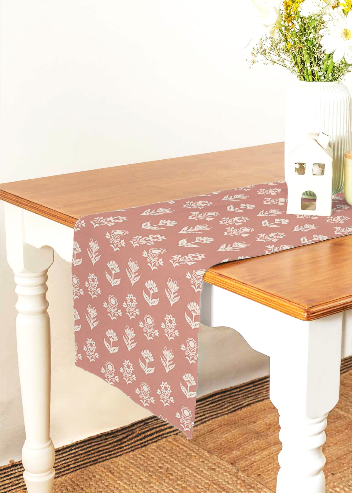 Dahlia 100% cotton floral table runner for 4 seater or 6 seater Dining with tassels - Rust rust