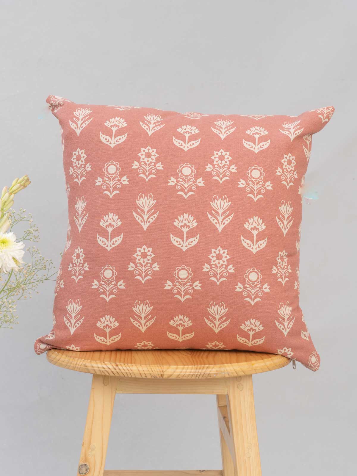 Dahlia 100% cotton customizable floral cushion cover for sofa - Rust