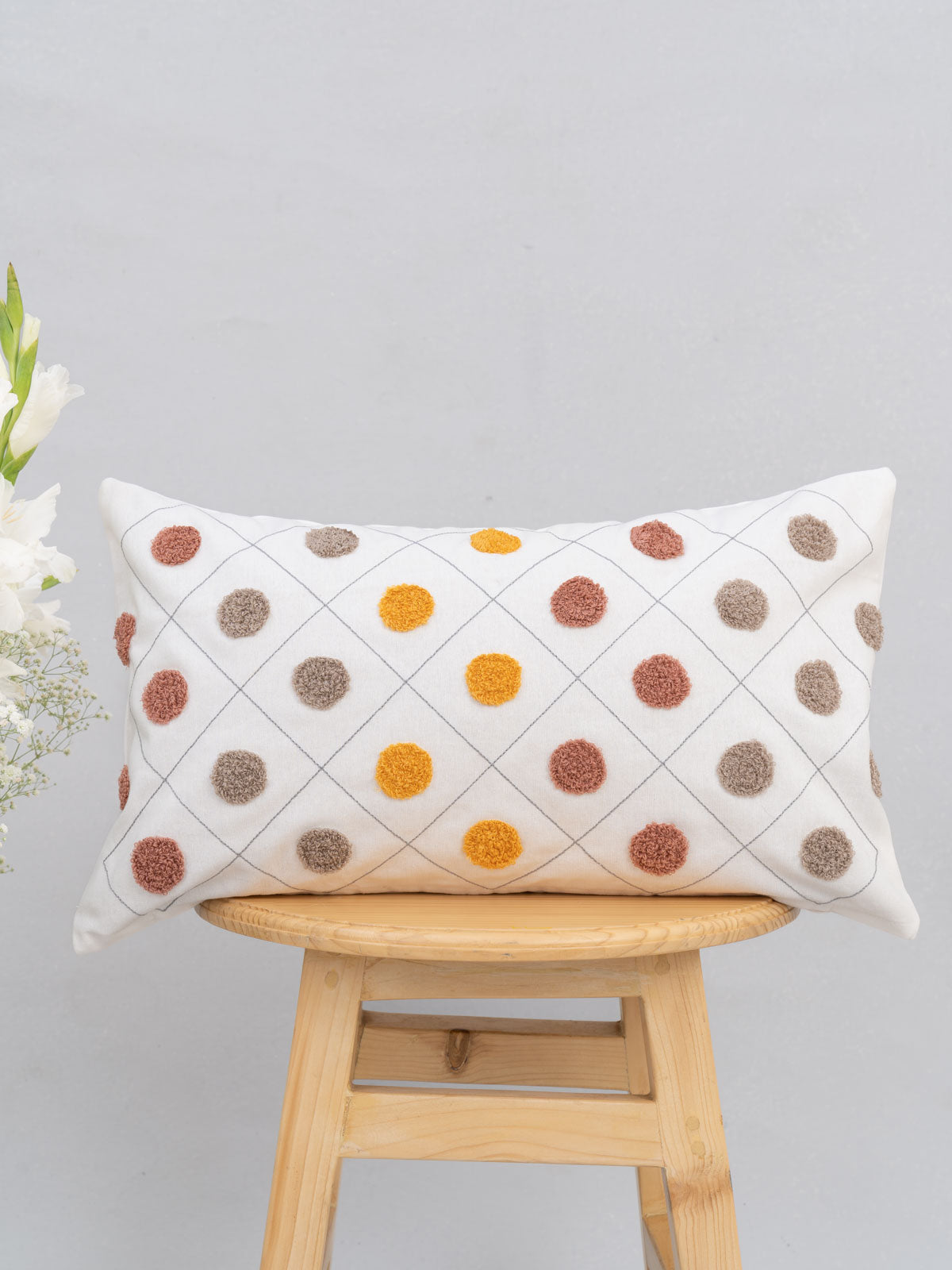 Dainty dots 100% cotton geometric embroidered cushion cover for sofa - Yellow