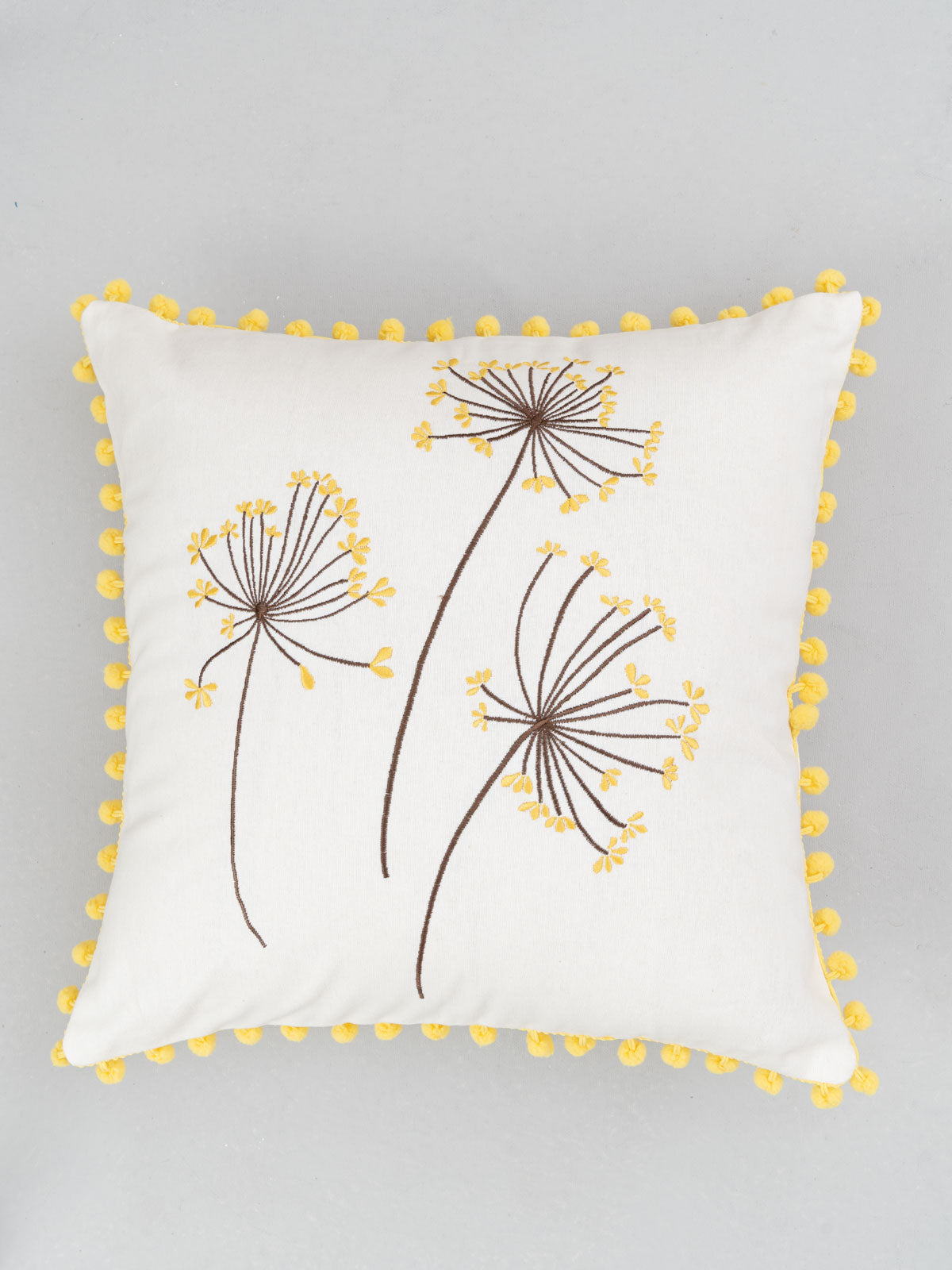 Dancing Dandelion embroidered cotton cushion cover with tassels for sofa - Yellow