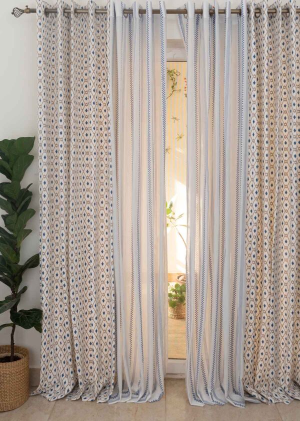 Diamond Yard, Picket Fence Royal Blue Sheer Set of 4 Combo Cotton Curtains - Royal Blue