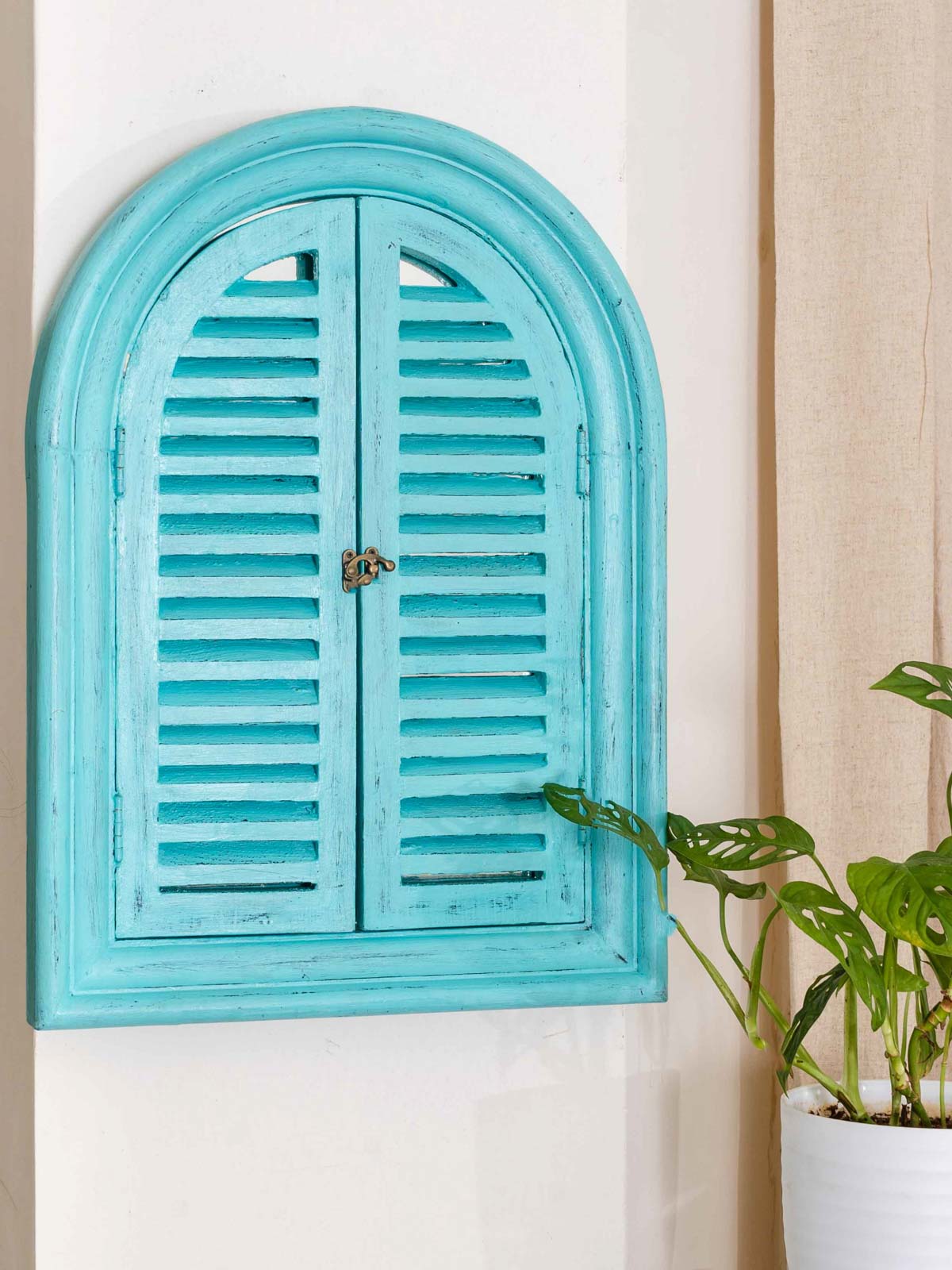 Distressed Arch Window Mirror - Teal