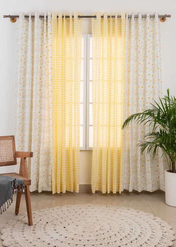 Drifting Dandelion, Uneven Checks Sheer Set Of 2 Combo Cotton Curtain - Yellow