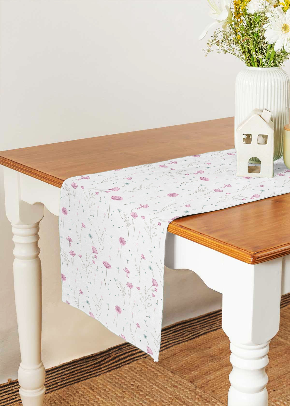Drifting Dandelion 100% cotton floral table runner for 4 seater or 6 seater Dining with tassels - Lavender