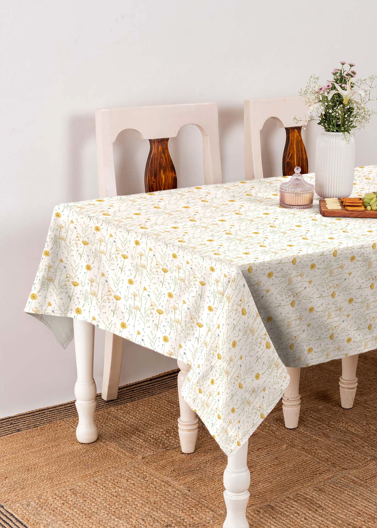 Drifting Dandelion 100% cotton floral table cloth for 4 seater or 6 seater dining - Yellow