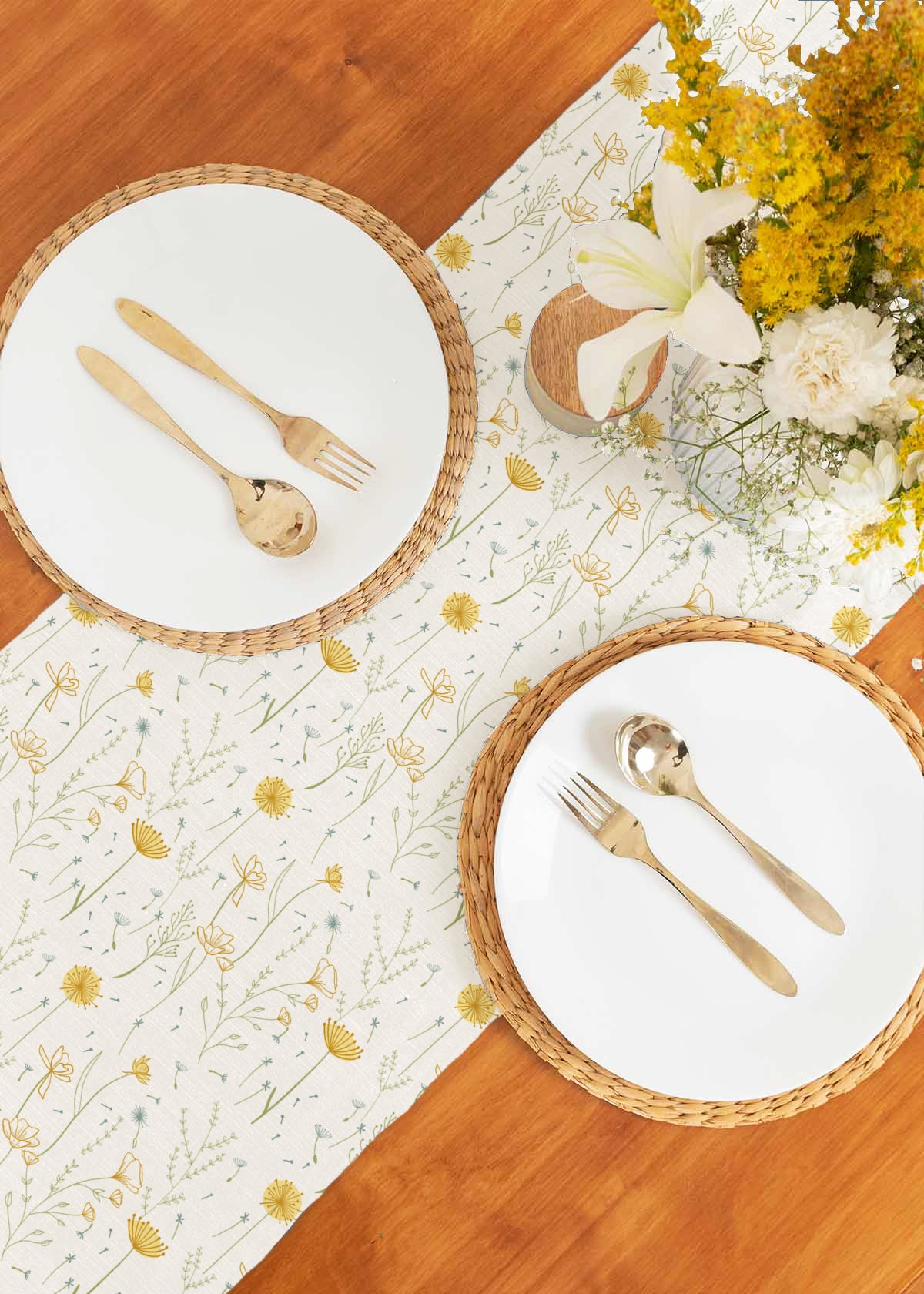 Drifting dandelion 100% cotton customizable floral table Runner for dining - Yellow