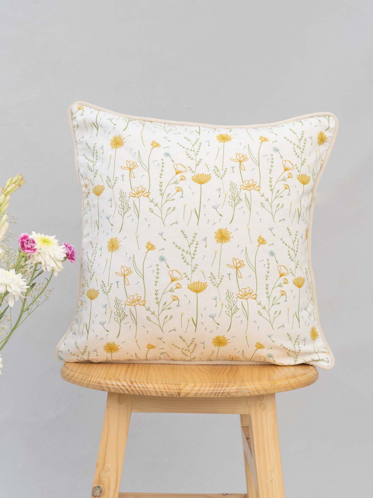 Dancing Dandelion, Solid Primrose, Dainty Dots , Drifting Dandelion Yellow Set Of 4 Combo Cotton Cushion Cover - Yellow