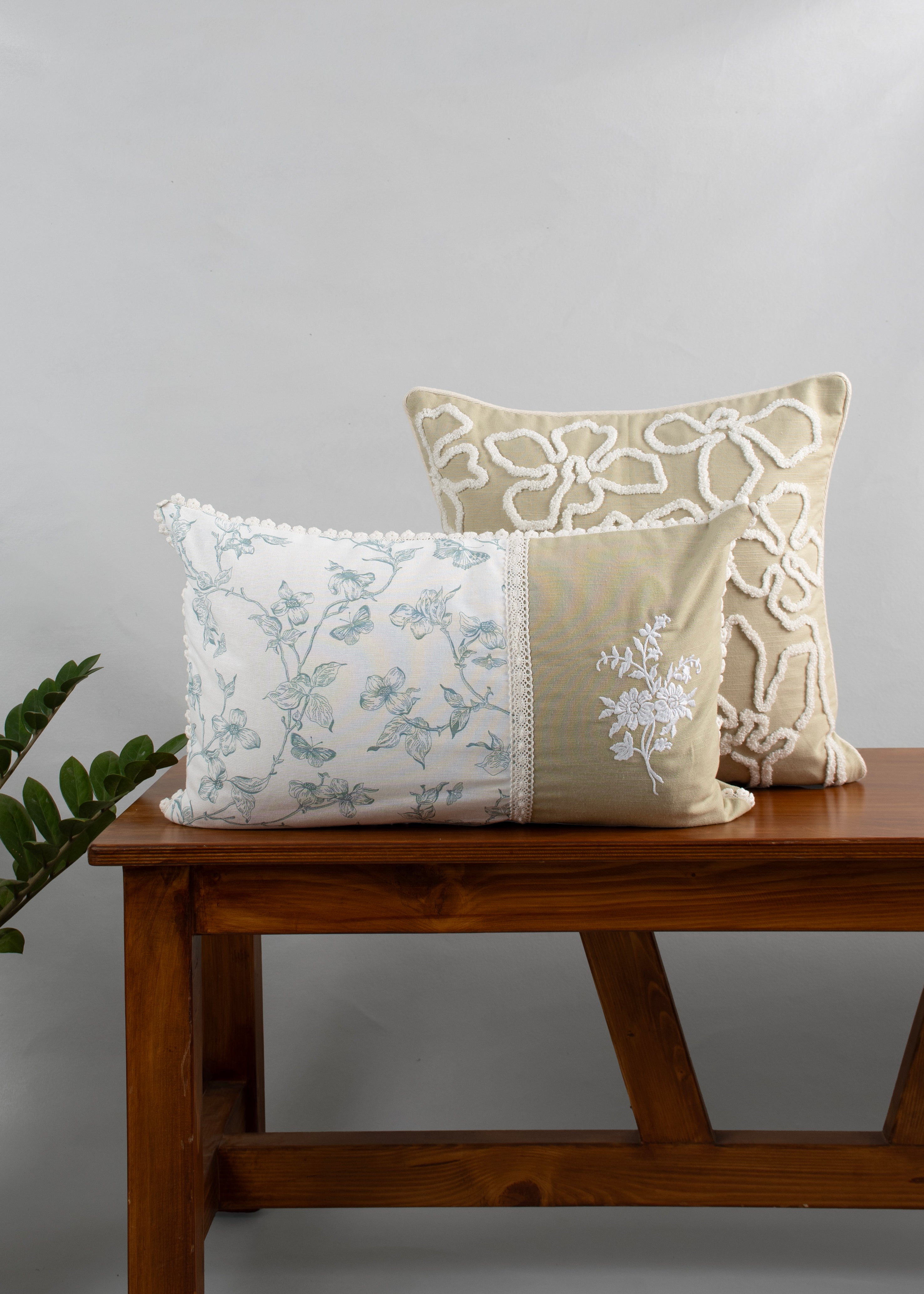 Celeste Embroidered Blue and Stella Embroidered Floral Pattern 100% Cotton Cushion Covers for Sofa - Pack of 2