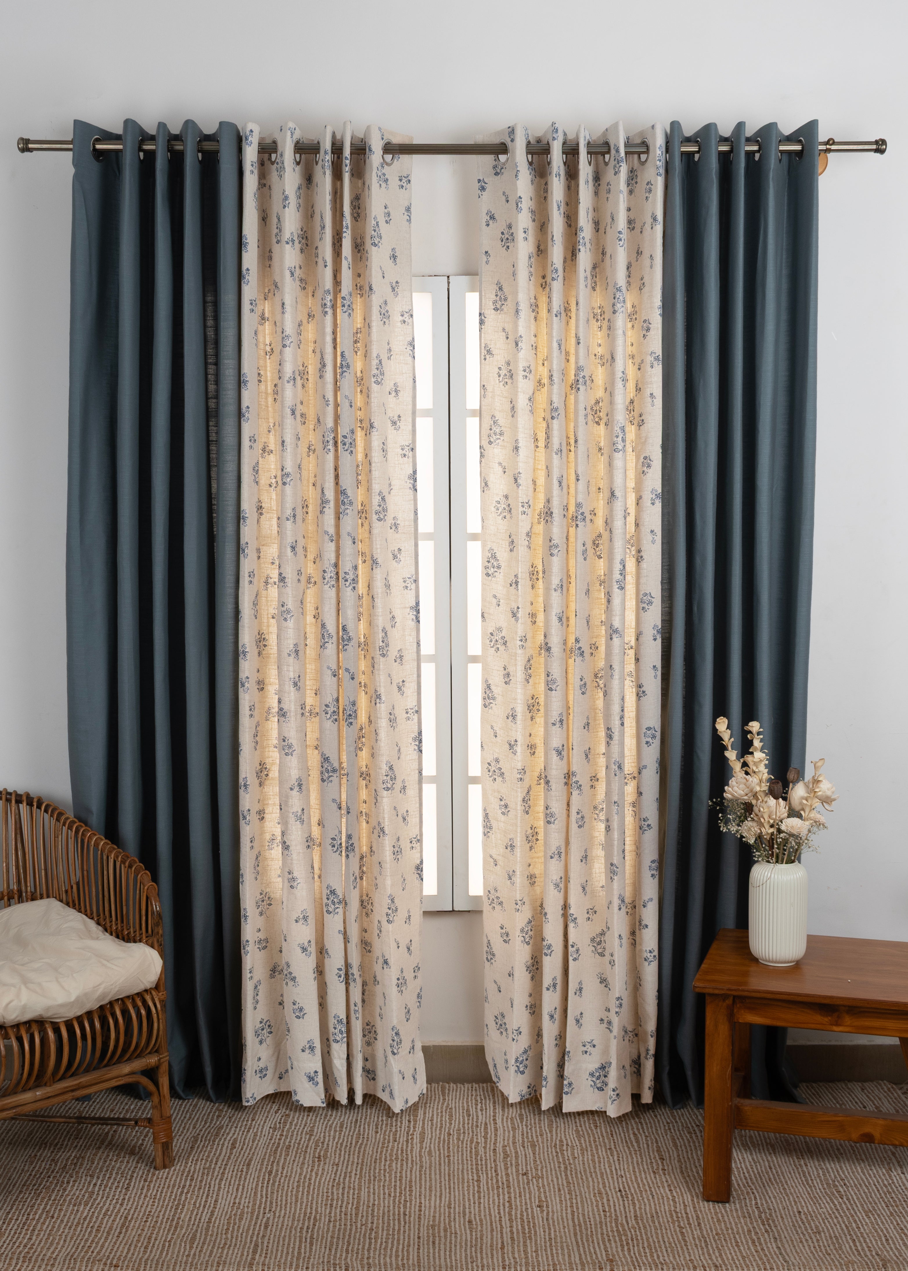 Solid Mist 100% Cotton & Whisper Printed Linen Floral Room-Darkening Curtains for Living Room & Bedroom - Pack of 4