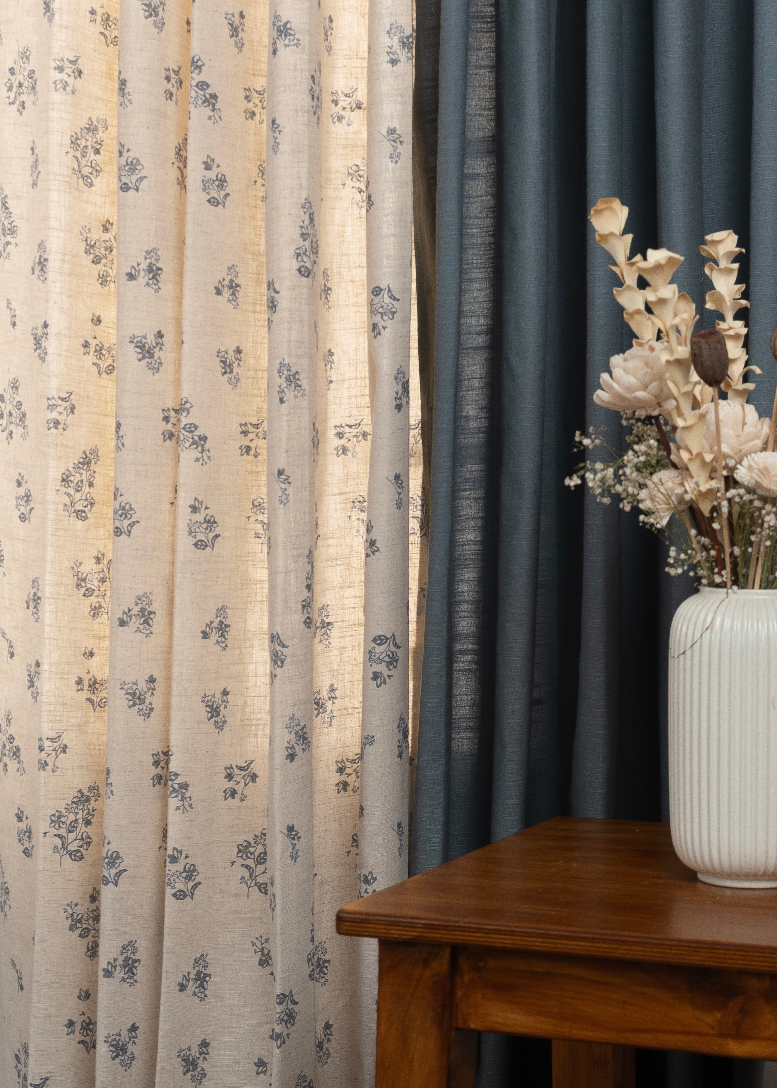 Solid Mist 100% Cotton & Whisper Printed Linen Floral Room-Darkening Curtains for Living Room & Bedroom - Pack of 4