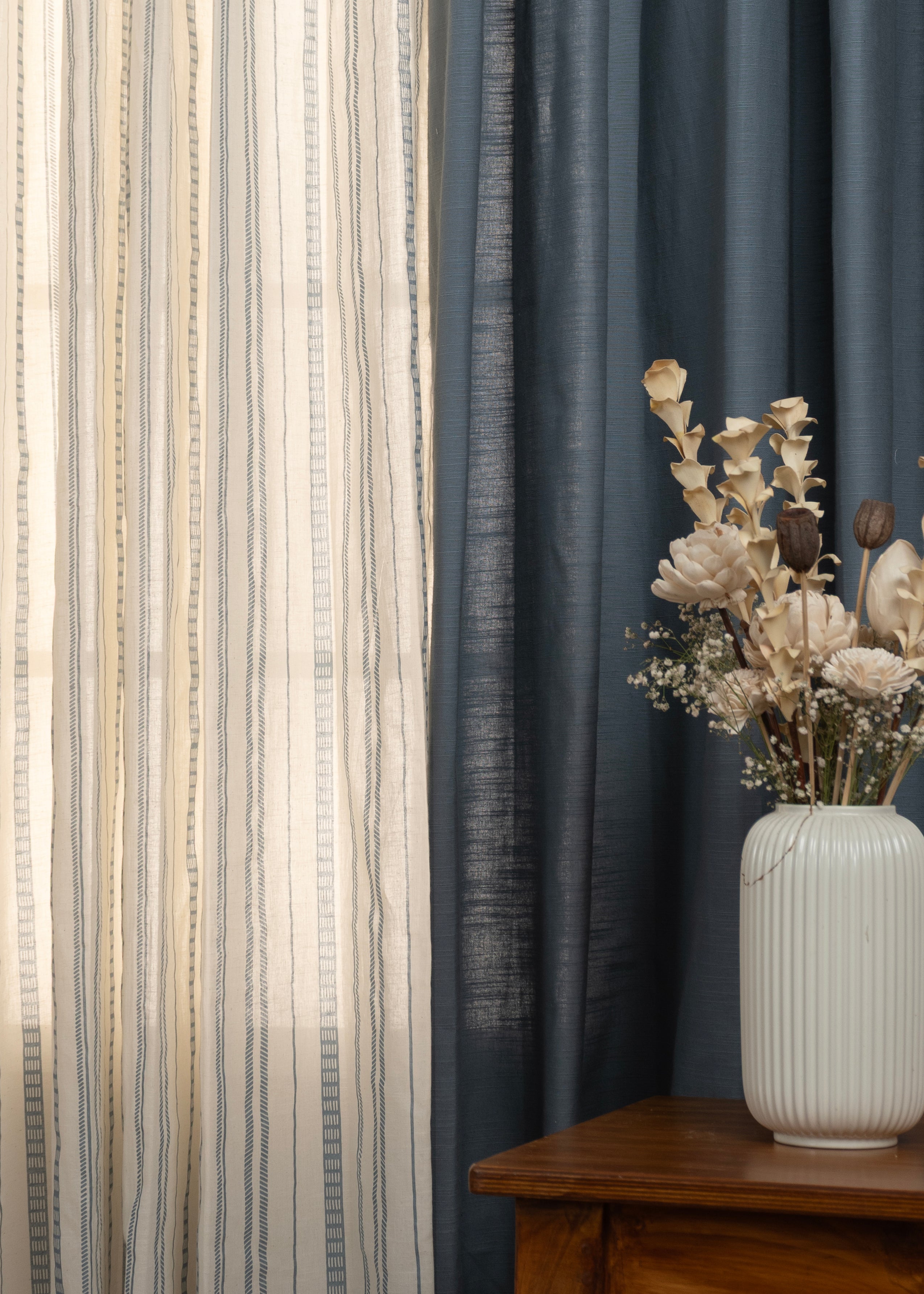 Solid Mist Blue Cotton & Still Water Blue Sheer Curtain Set – 100% Cotton, Room-Darkening & Light-Filtering Sheers, for Living Room & Bedroom - Pack of 4