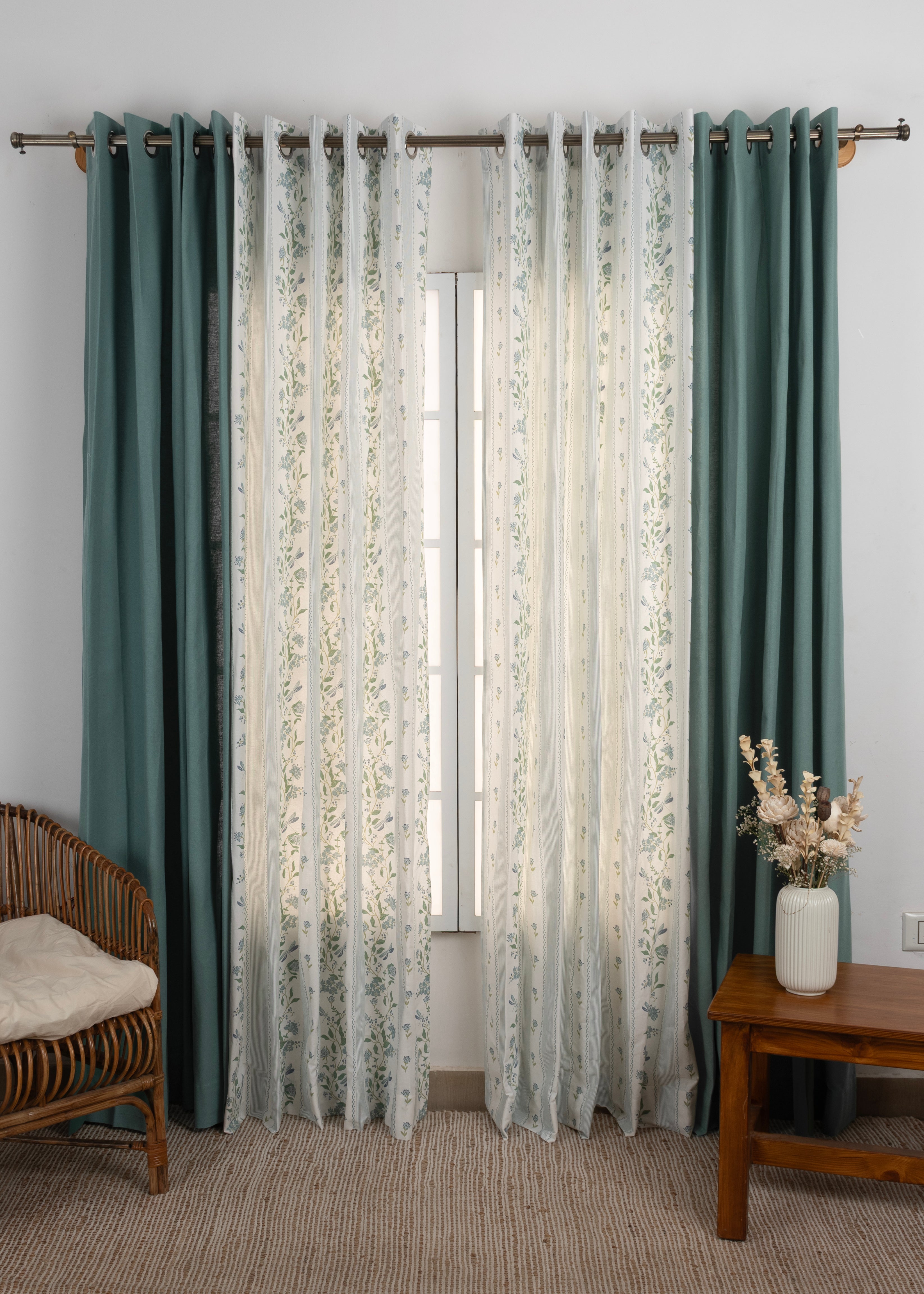 Aqua Blue Solid & Flutter Floral Light-Reducing - 100% Cotton Curtains for Living Room - Nile Blue - Pack of 4