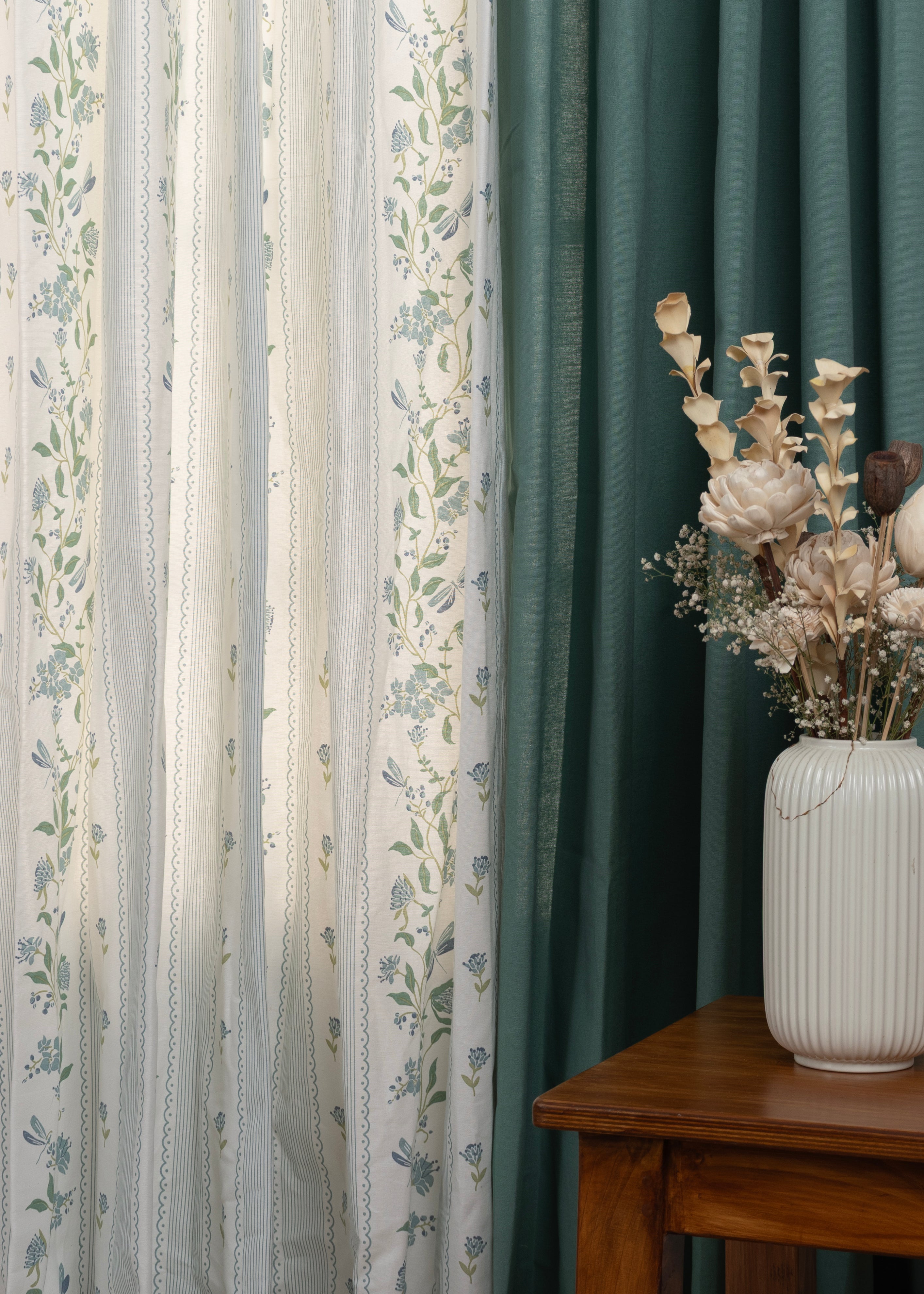 Aqua Blue Solid & Flutter Floral Light-Reducing - 100% Cotton Curtains for Living Room - Nile Blue - Pack of 4