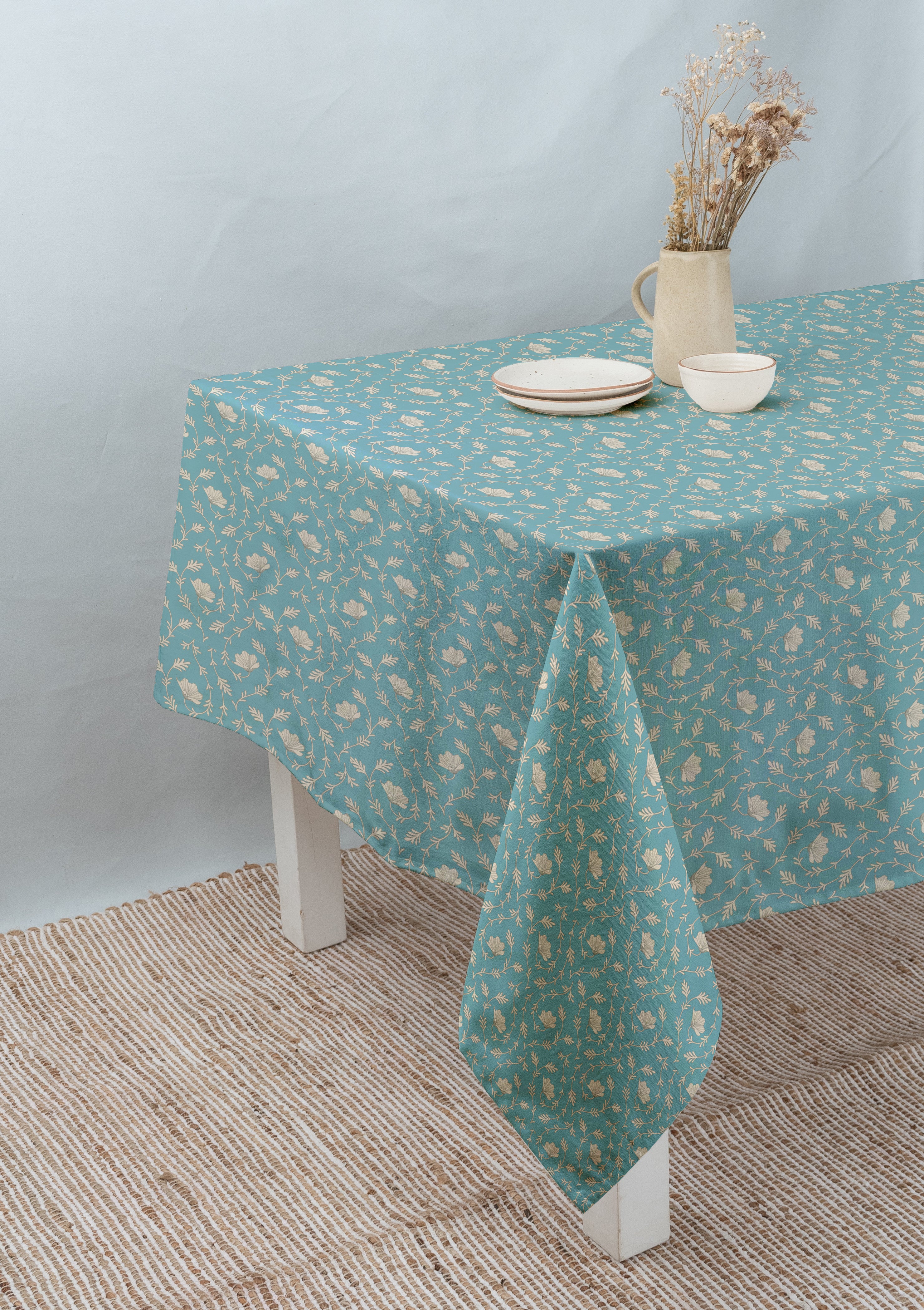 Eden 100% cotton customizable floral table cloth for dining - Aqua blue