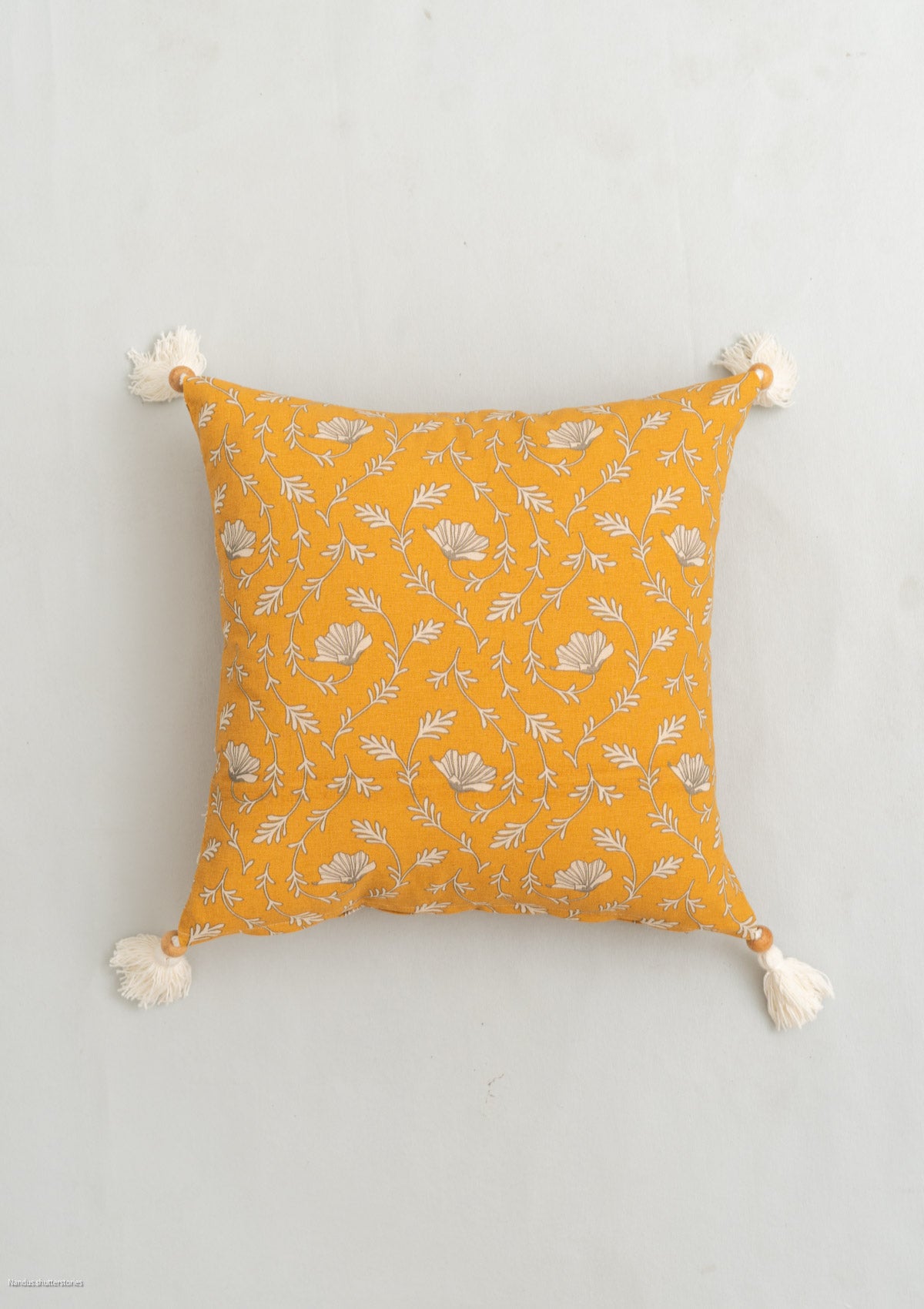 Eden mustard 100% cotton floral cushion cover for sofa with tassels