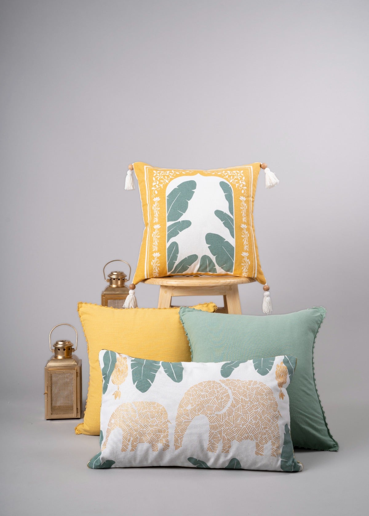 Elephant Grove Lumbar, Sage Green 16", Enchanted Taj, Mustard 16" Set Of 4 Combo Cotton Cushion Cover - Mustard