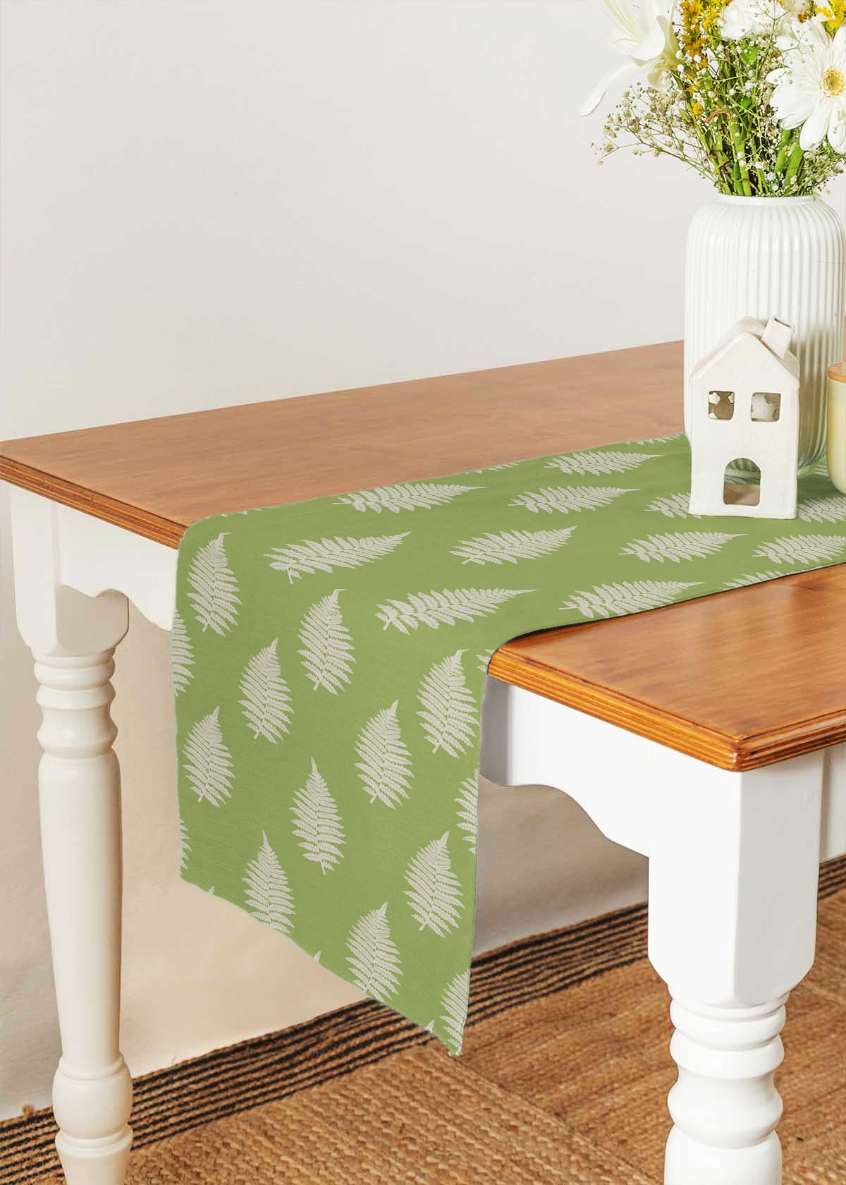 Ferns 100% cotton floral table runner for 4 seater or 6 seater Dining with tassels - Green
