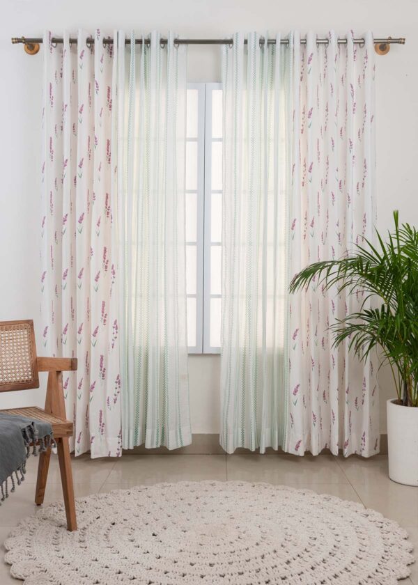Fields Of Lavender, Picket Fence Sage Green Sheer Set of 4 Combo Cotton Curtain - Lavender, Sage Green
