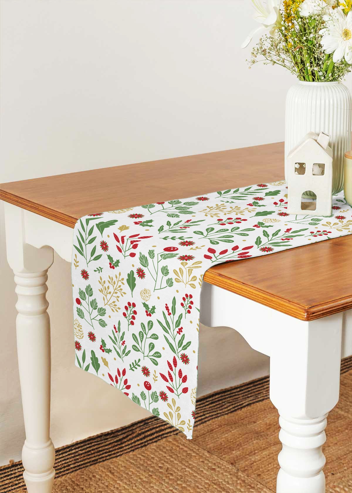 Foraged 100% cotton floral table runner for 4 seater or 6 seater Dining with tassels - Multicolor
