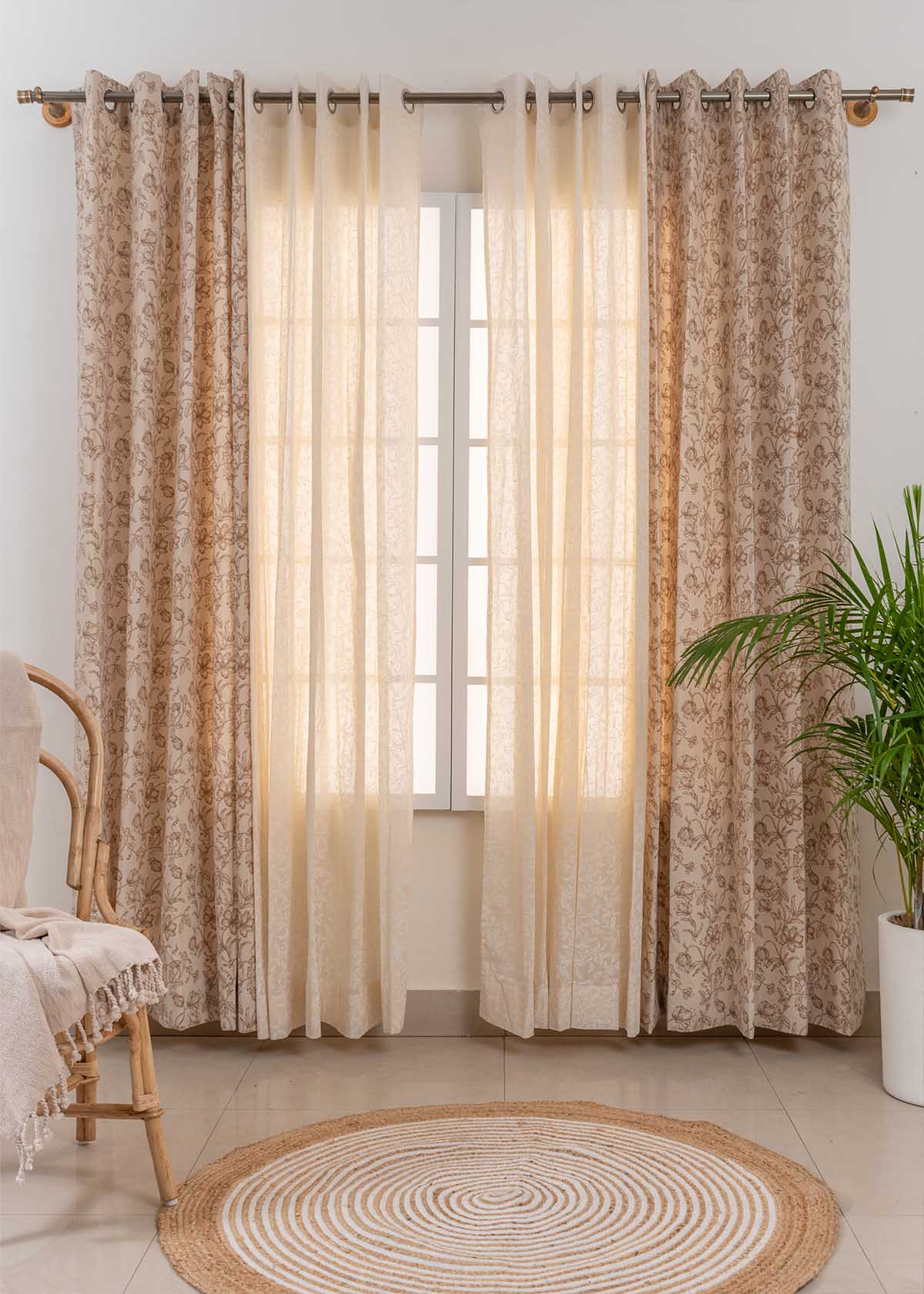 French Farmhouse In Neutrals, Trailing Berries Sheer Set of 4 Combo Cotton Curtain - Beige And Cream