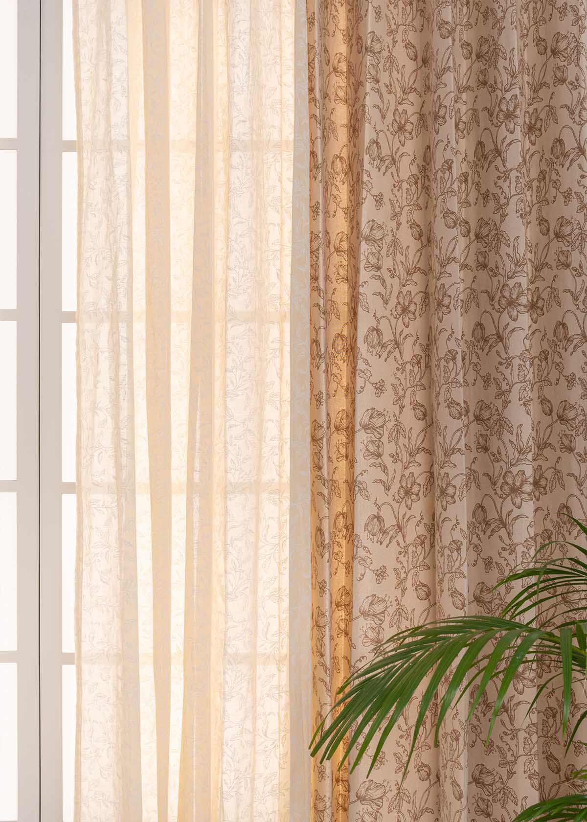 French Farmhouse In Neutrals, Trailing Berries Sheer Set of 4 Combo Cotton Curtain - Beige And Cream