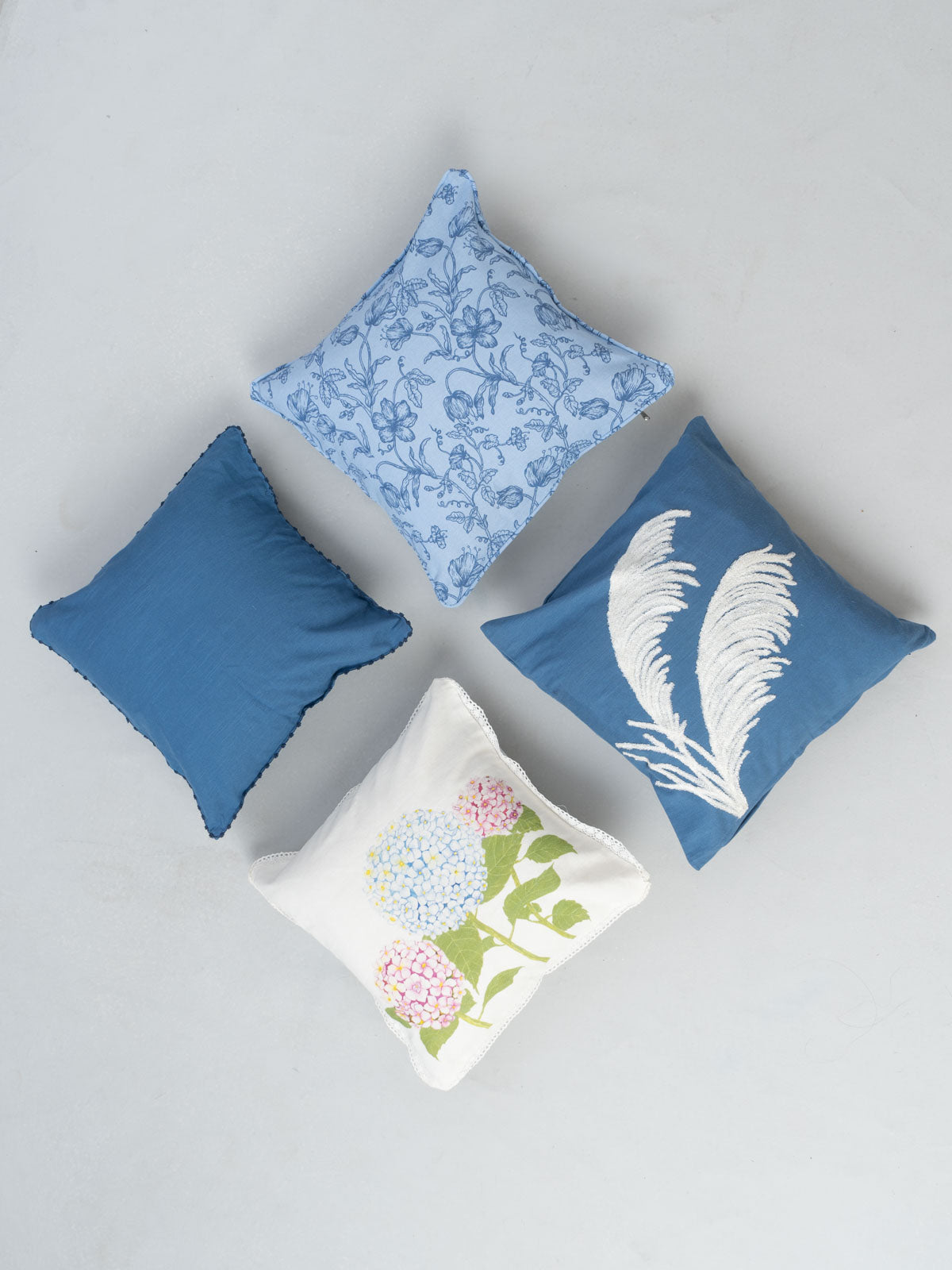 Bouquet Of Hydrangea, Royal Blue, French Farmhouse In Blues, Pampas Grass Set Of 4 Combo Cotton Cushion Cover - Blue