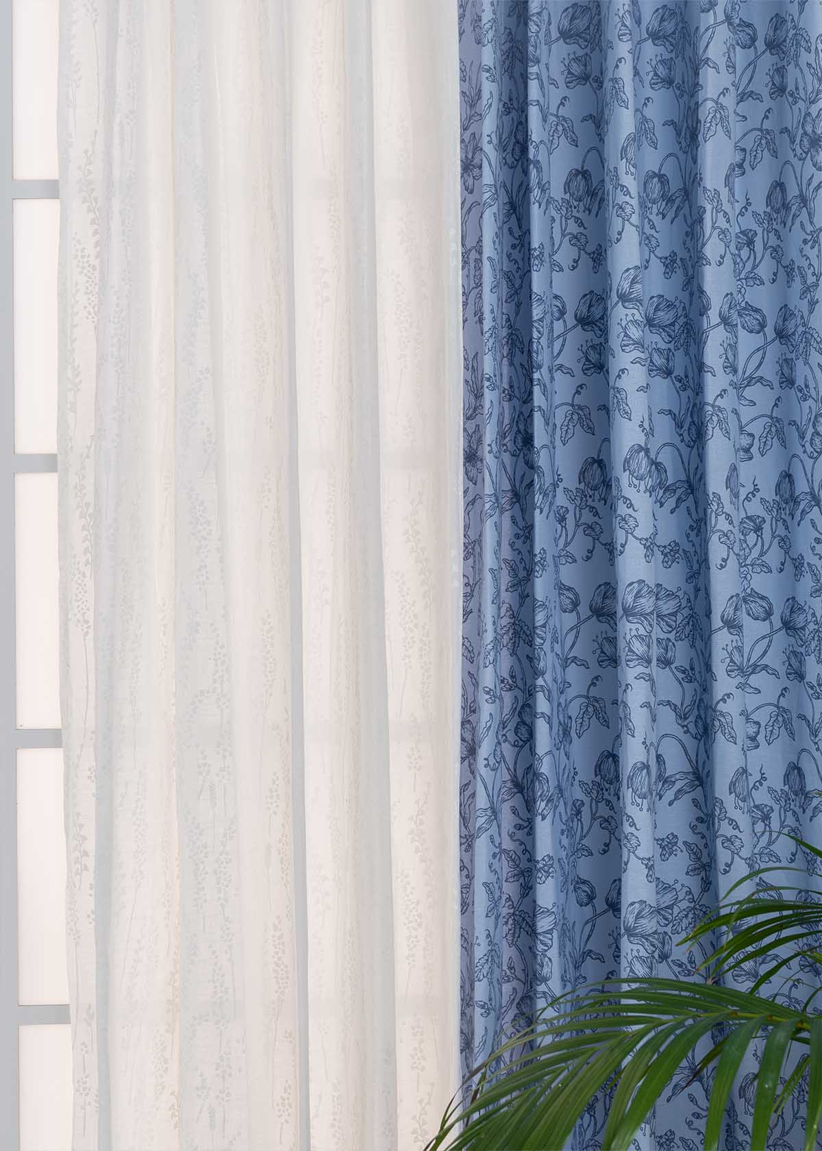 French Farmhouse In Blues, Grass Fields In White Set Of 2 Combo Cotton Curtain - Blue And White