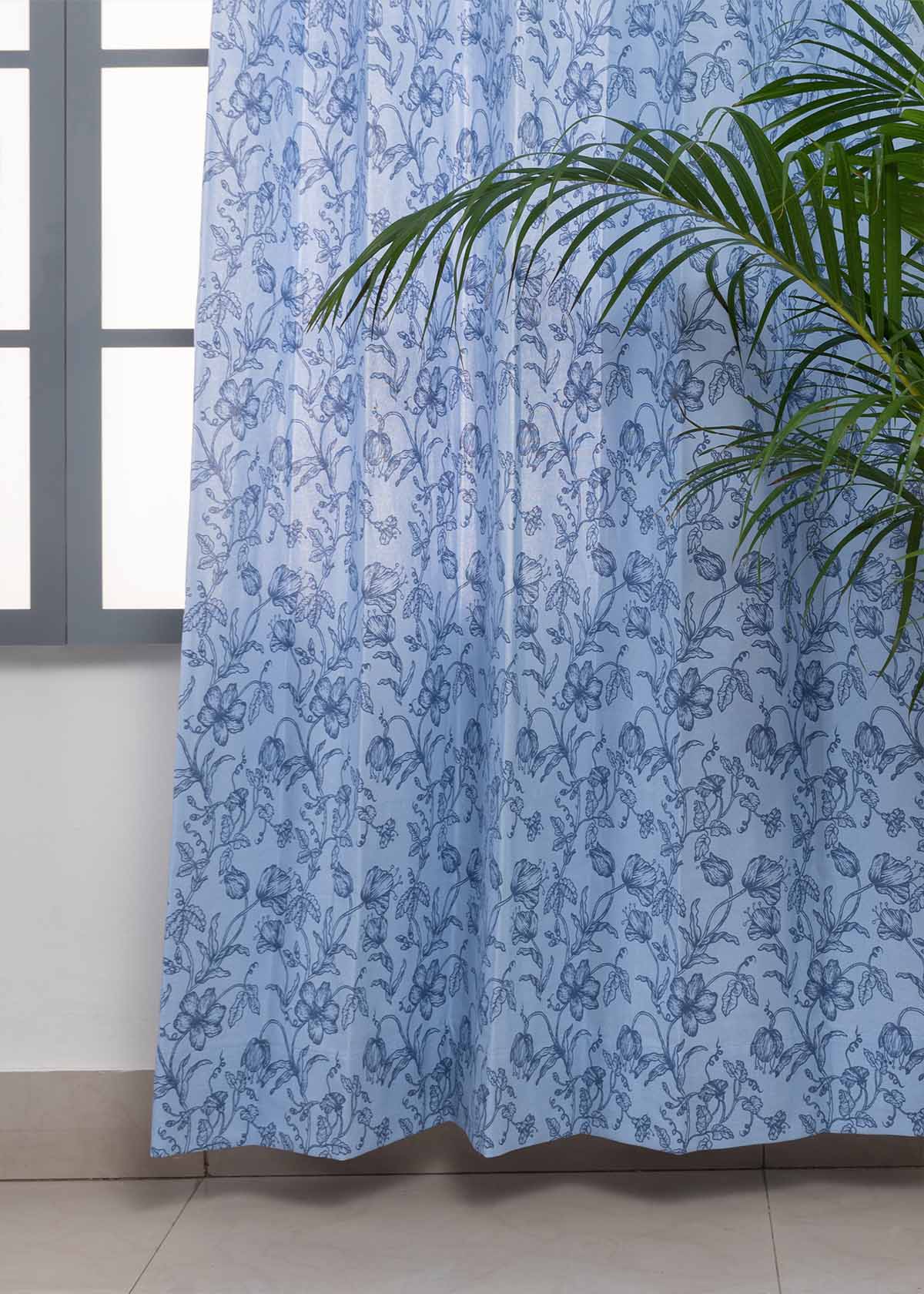 French Farmhouse Printed Cotton Curtain - Blue - Single