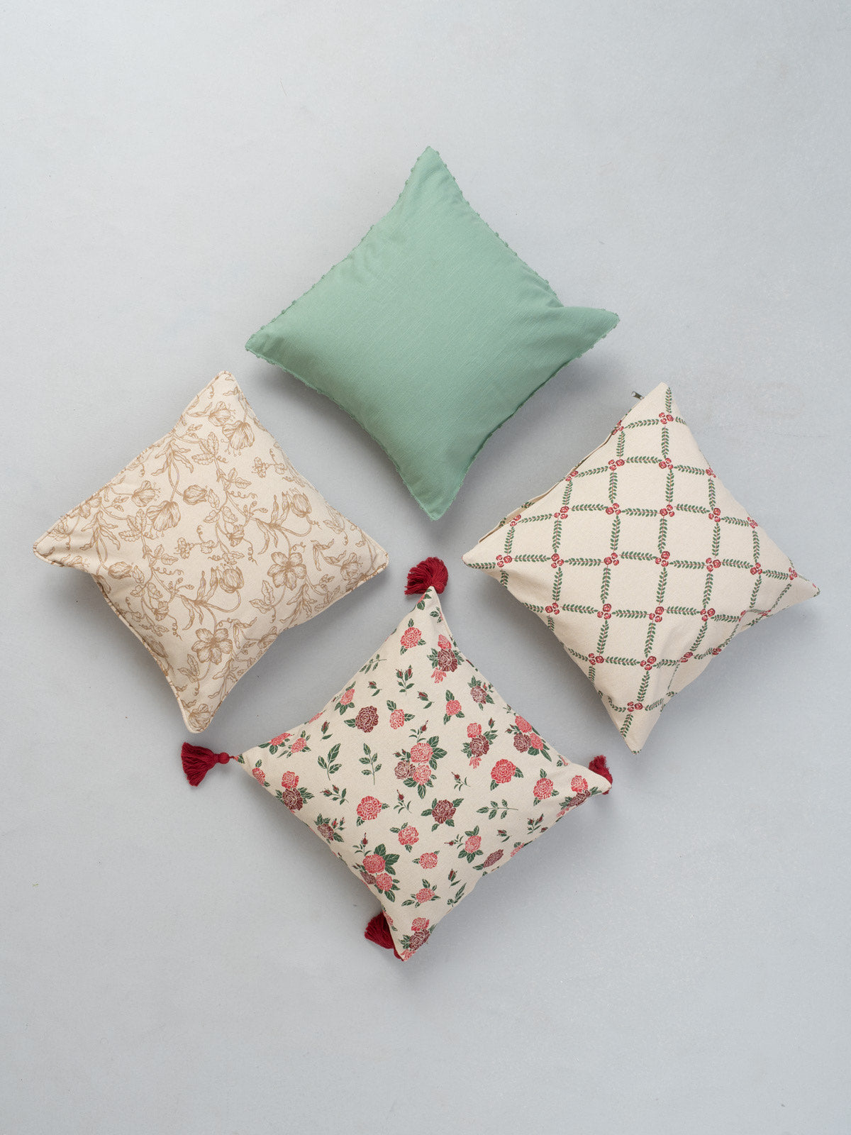 Wild Roses, French Farmhouse Neutral, Climbing Roses Wine Red, Sage Solid Set Of 4 Combo Cotton Cushion Cover - Red And Green