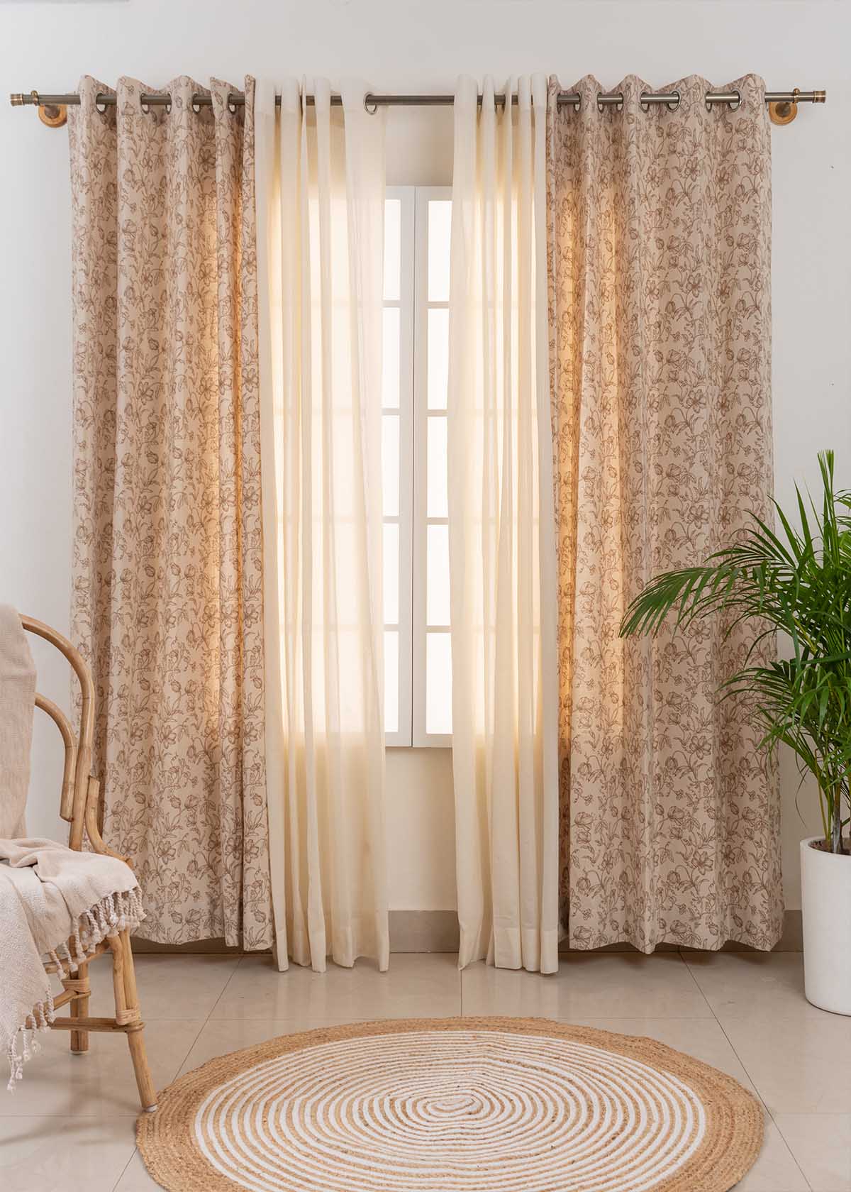 French Farmhouse In Neutrals, Cream Solid Sheer Set of 4 Combo Cotton Curtain - Beige And Cream