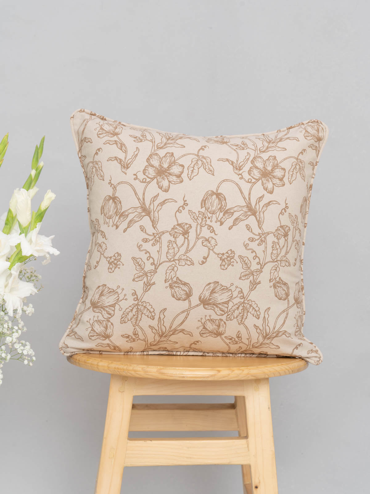 French farmhouse 100% cotton customizable floral cushion cover for sofa - Beige