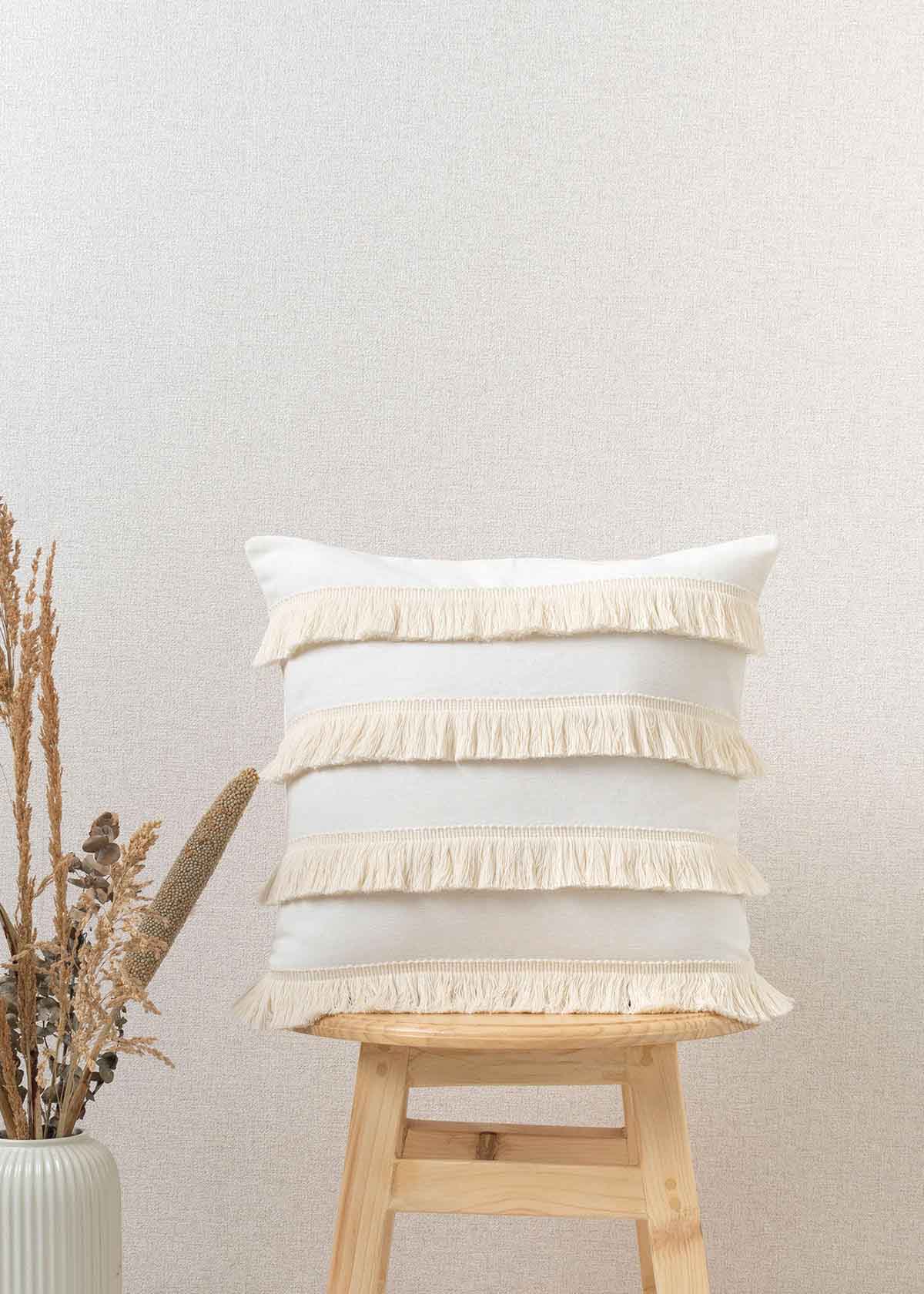 Fringes textured 100% cotton cushion cover for sofa with fringes - White