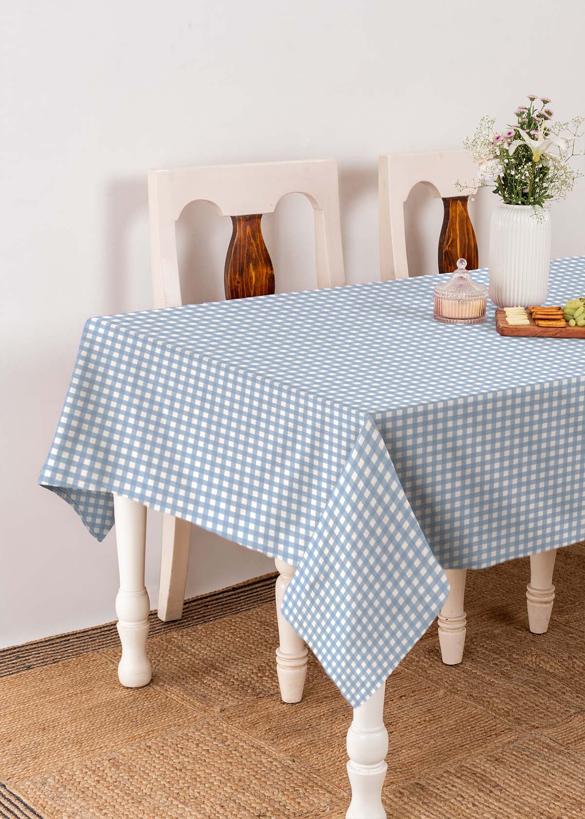 Gingham 100% cotton customisable geometric table cloth for dining - Powder blue