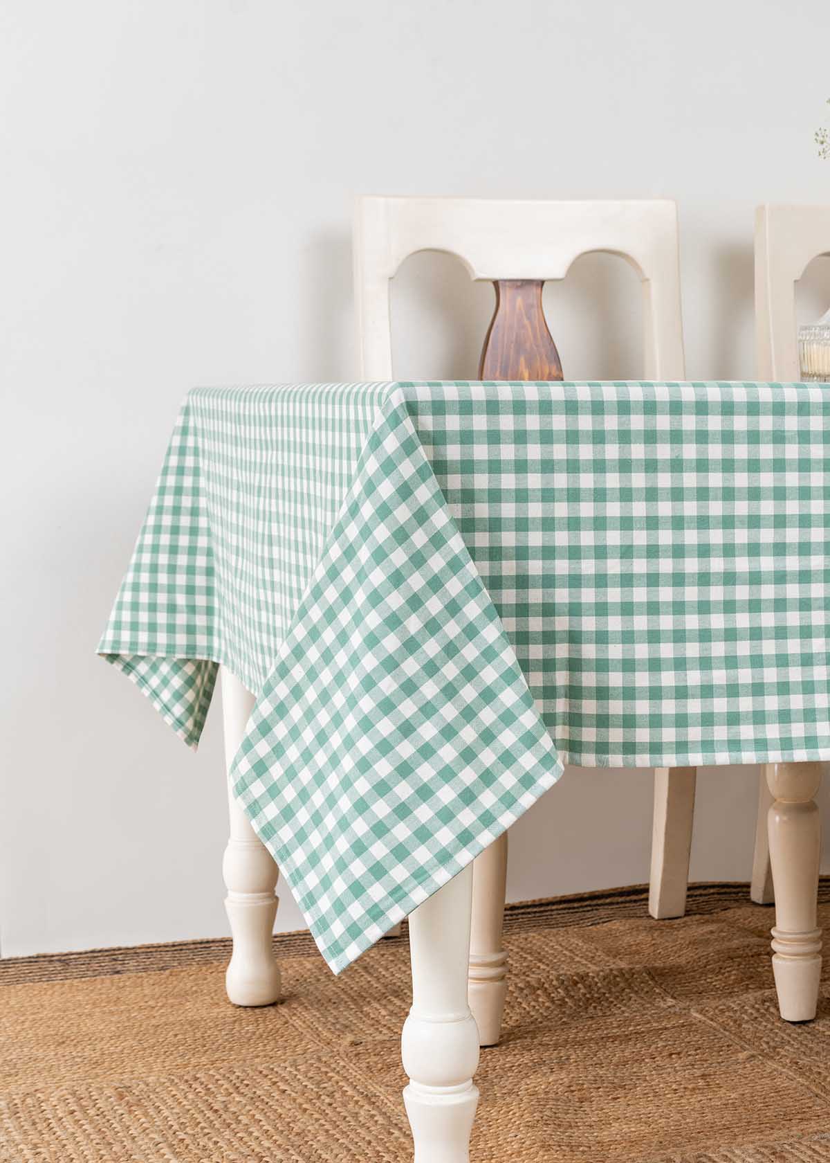 Gingham checks 100% cotton geometric table cloth for 4 seater or 6 seater dining - Sage Green