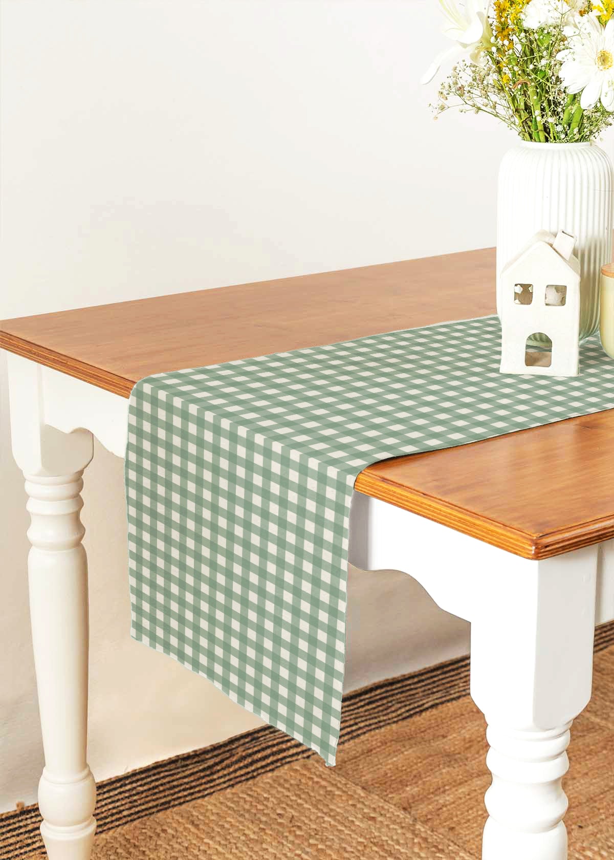 Gingham sage green 100% cotton geometric table runner for 4 seater or 6 seater dining - Sage Green