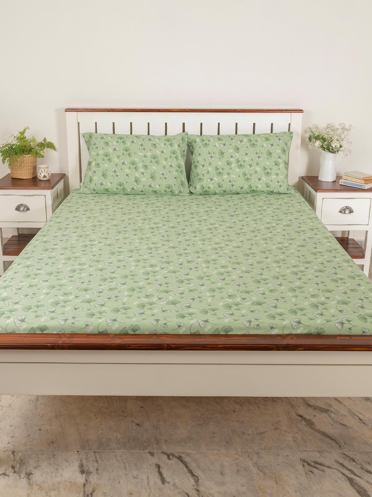 Gingko Leaves Printed Cotton Flat Sheet - Green