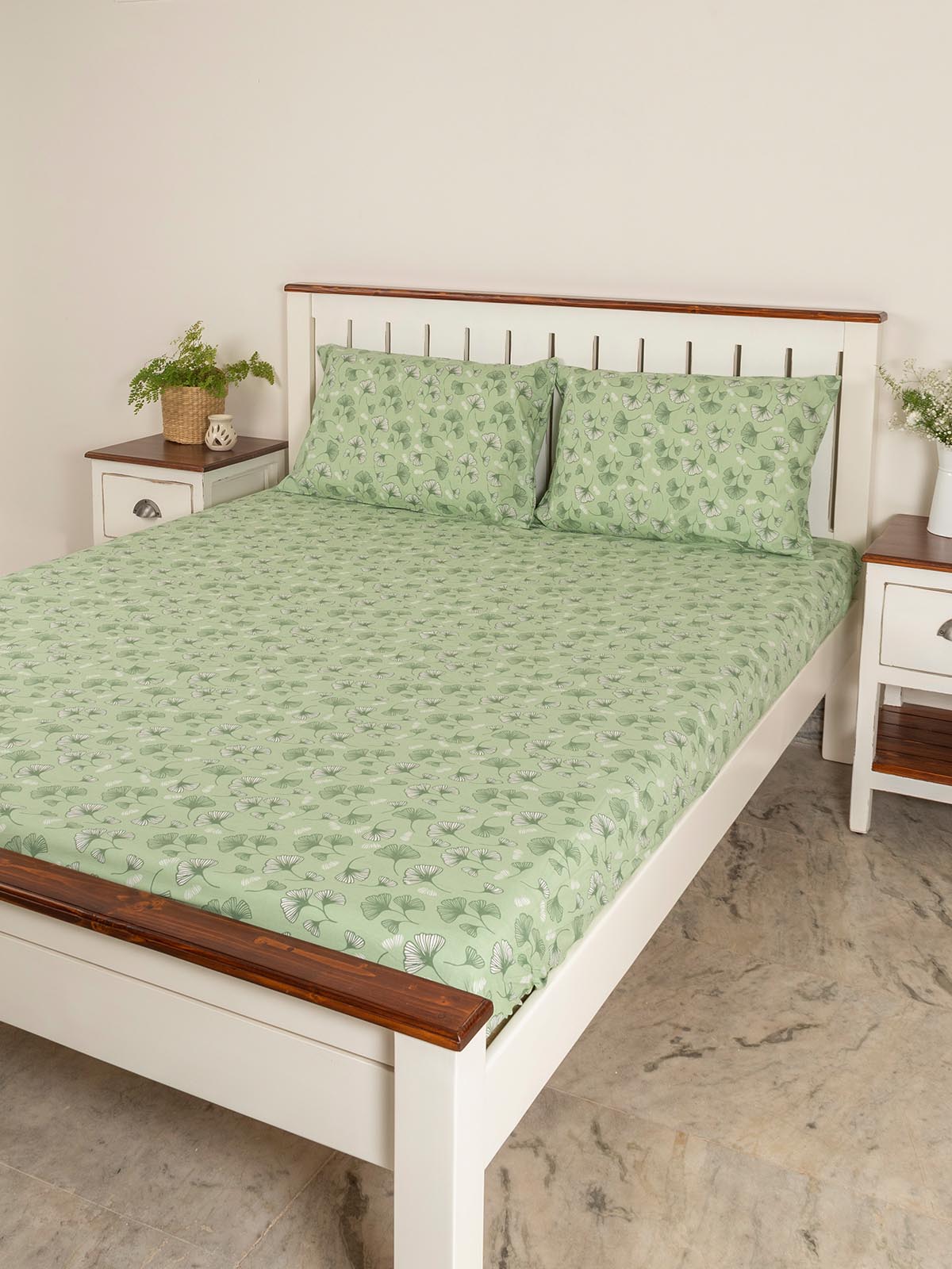 Gingko Leaves Printed Cotton Flat Sheet - Green