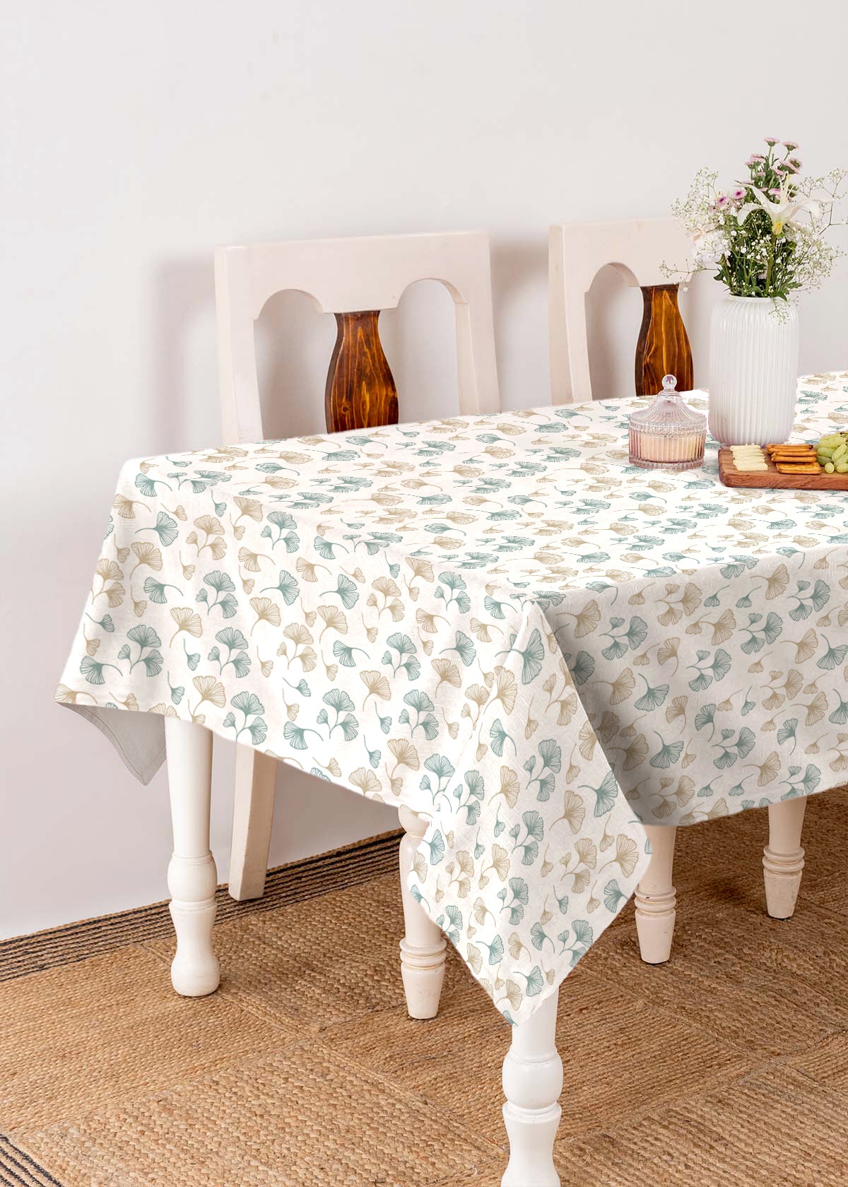 Gingko Printed 100% cotton floral table cloth for 4 seater or 6 seater dining - Nile blue