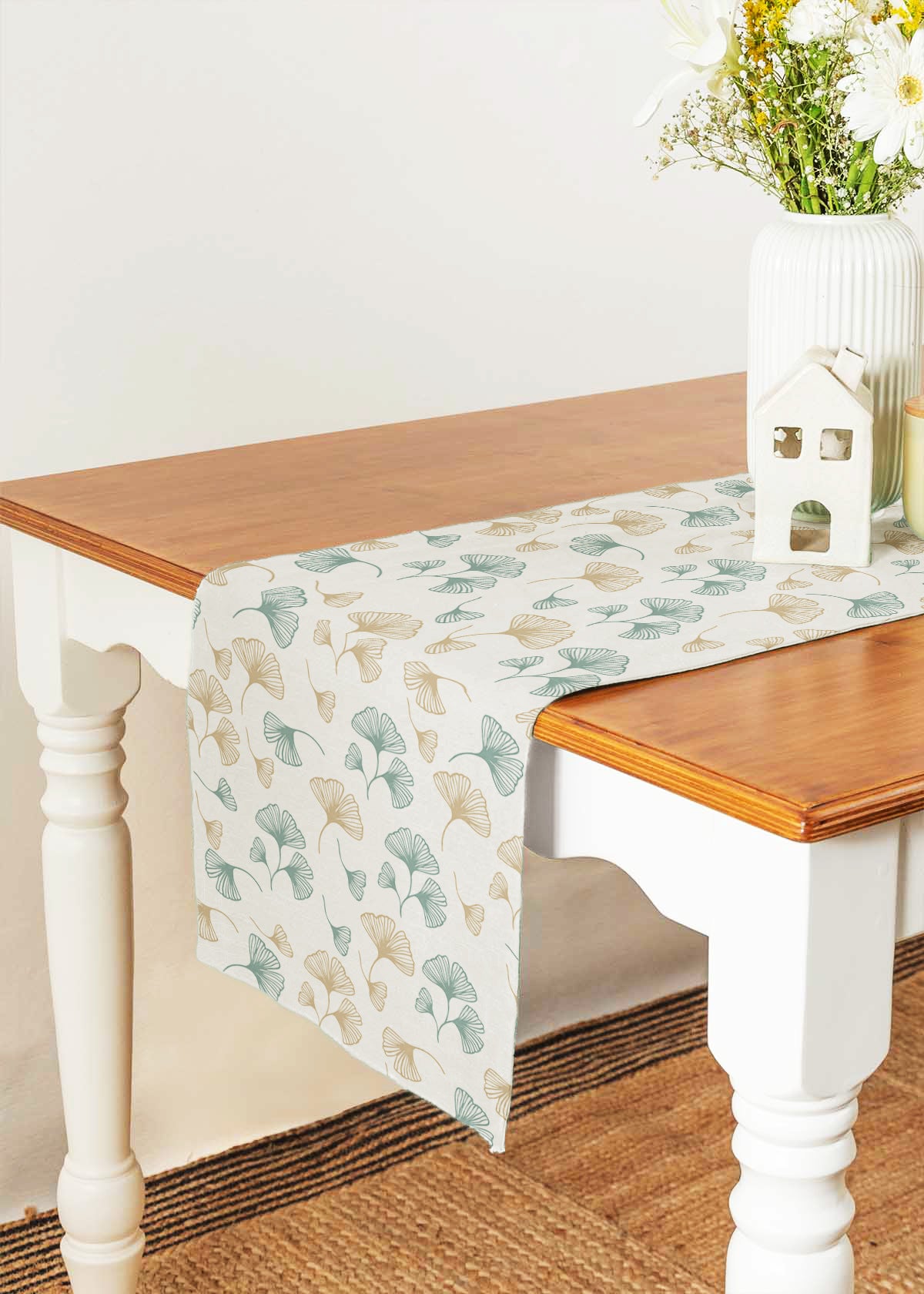 Gingko 100% cotton floral table runner for 4 seater or 6 seater Dining with tassels - Nile blue
